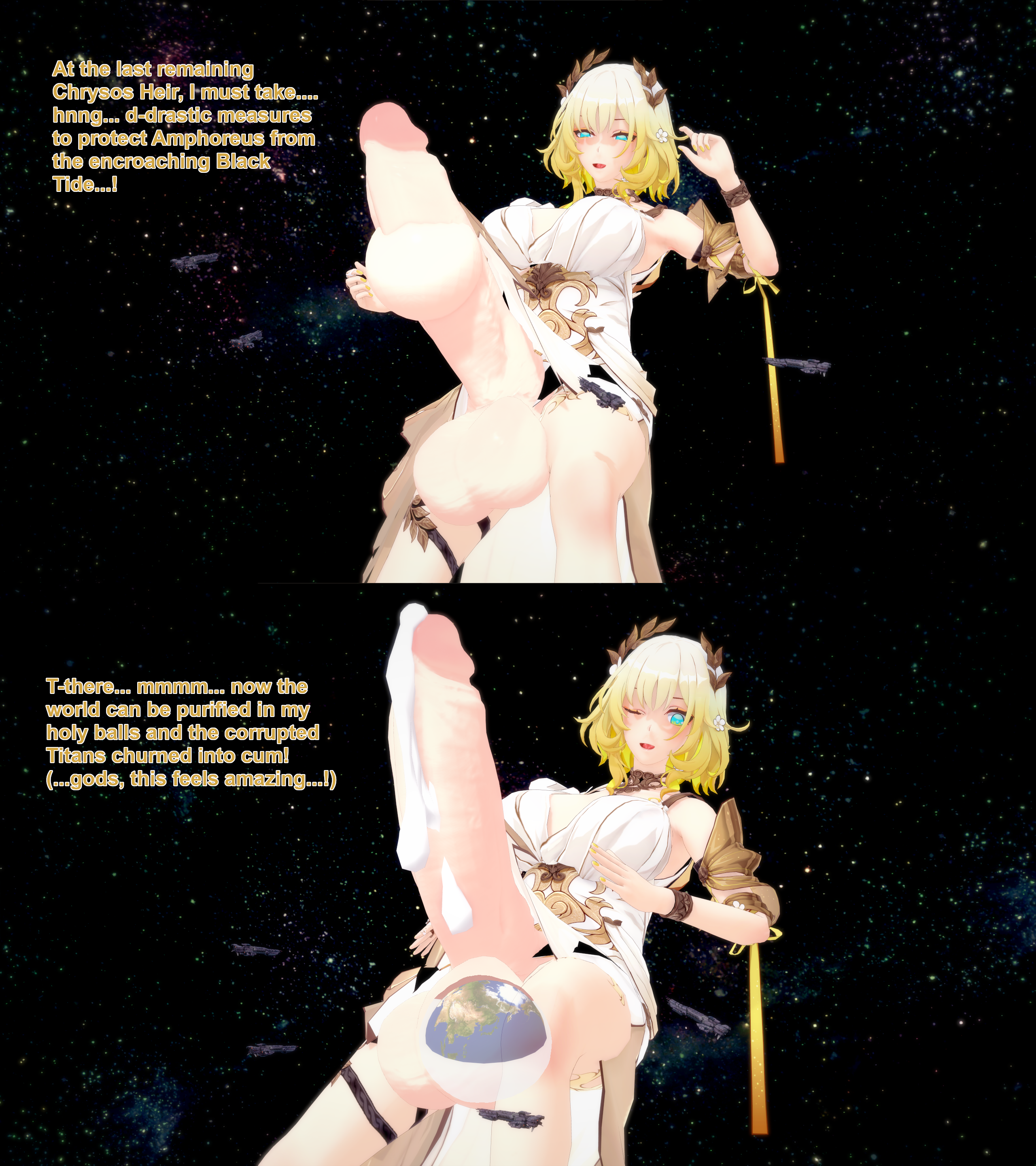 1futa 3d aglaea_(honkai:_star_rail) balls blonde_hair cock_vore commission cum english_text futa_giantess futanari giantess giantess_futa honkai:_star_rail huge_balls huge_cock hyper_penis intersex koikatsu penis planet planet_vore space text vore xavierhuge