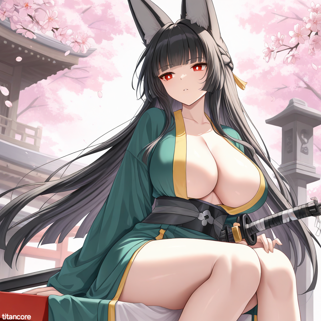 (titancore) ai_generated beautiful_females black_hair cherry_blossoms cherry_blossoms_pedal_falling cherry_blossoms_tree curvy_figure female fox_ears fox_girl fox_humanoid girl hoshimi_miyabi huge_breasts katana kimono kitsune long_ears long_hair meditation monster_girl my_lady red_eyes revealing_clothes shrine shrine_maiden video_game_character zenless_zone_zero