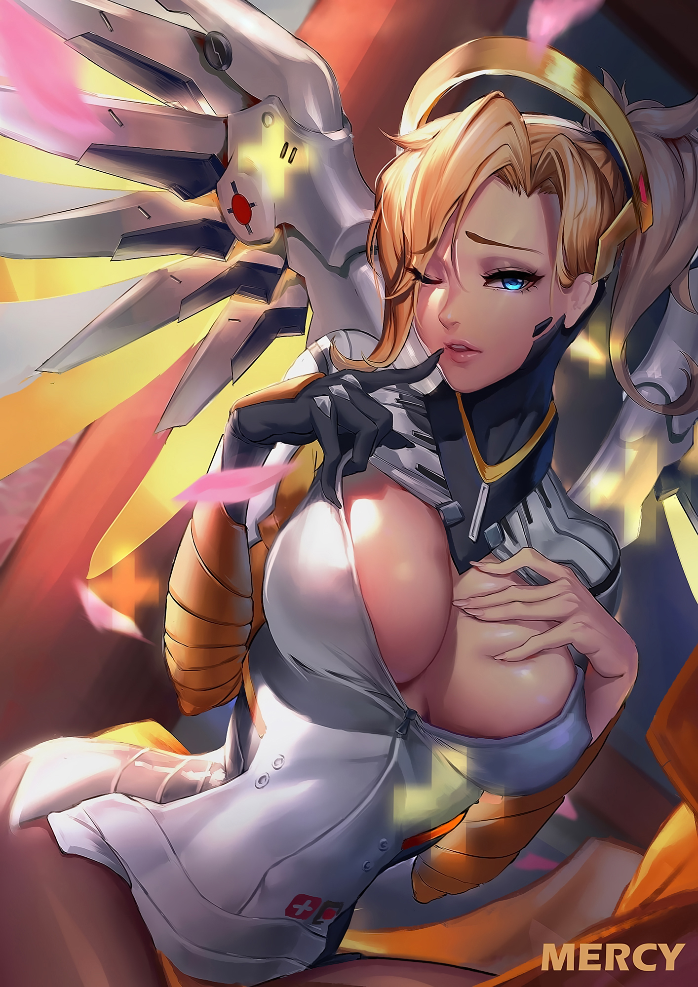 cianyo, mercy, blizzard entertainment, overwatch, absurdres, grey backgroun...