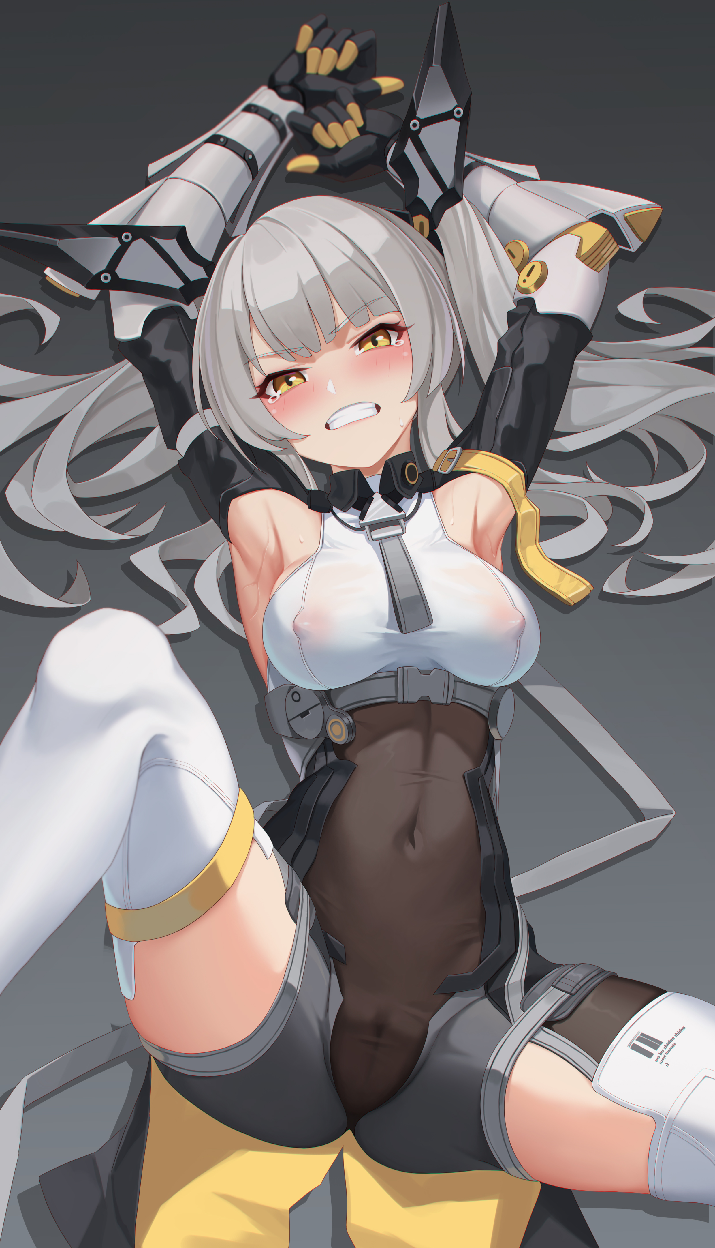angry, armpits, arms up, blush, cameltoe, fully clothed, grey hair, karenina (punishing: gray raven), lying, medium breasts, punishing: gray raven, robot girl, see-through, spread legs, sweat, tears, tied hair, yellow eyes, 