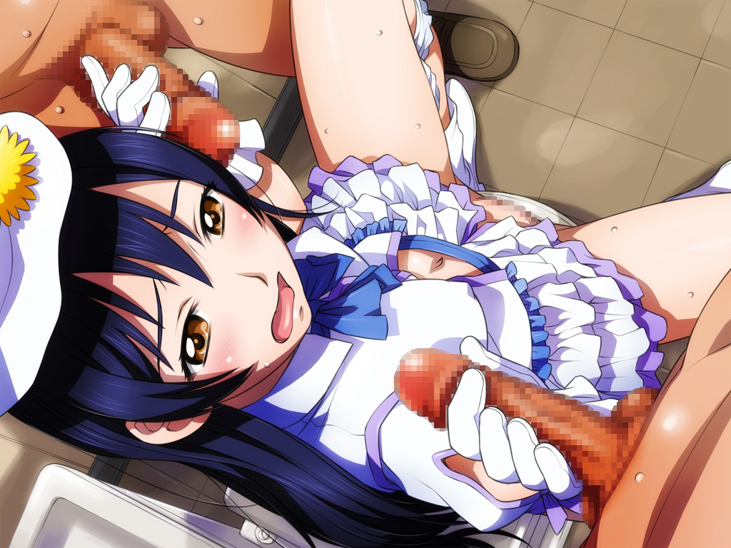 same, sonoda umi, love live! school idol project, censored, highres, mosaic censoring, bathroom, blue hair, blush, boots, breasts, clothed female nude male, double handjob, erect nipples, female, from above, handjob, hat, indoors, legs, long hair, looking at another, navel, open mouth, panties, panties around leg, penis, pussy, sitting, skirt, small breasts, solo focus, standing, thighs, toilet, underwear, white boots, white skirt, yellow eyes, 