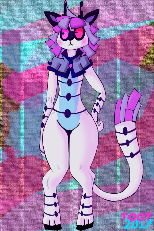 floraverse, simple background, antennae, barely visible genitalia, blush, bottomless, caprine, clothed, clothing, dr.neon, eyewear, feline, female, glasses, goat, hooves, hybrid, kid neon, mammal, pussy, scrapgoat, skimpy, solo, standing, tiger, toot6, turf tiger, wide hips, 