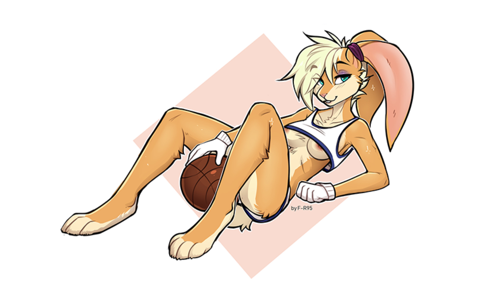 f-r95, lola bunny, looney tunes, warner brothers, hi res, simple background, 4 toes, areola, areola slip, areolae, ball, basketball, blonde hair, breasts, clothing, eyebrows visible through hair, eyeshadow, feet, female, gloves, hair, handwear, humanoid, lagomorph, leporid, long ears, makeup, mammal, nipple slip, nipples, rabbit, smile, solo, toes, 