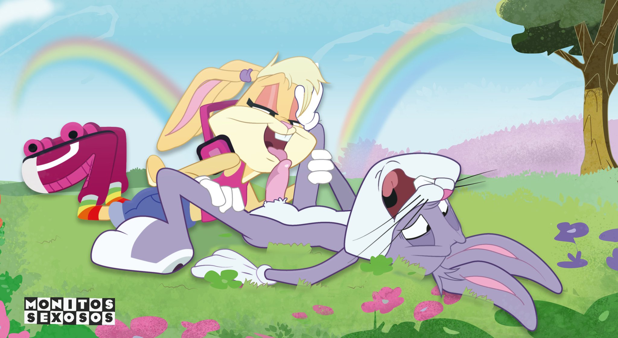 bugs bunny, lola bunny, looney tunes, the looney tunes show, warner brothers, hi res, duo, erection, female, flower, gosgoz, grass, lagomorph, leporid, licking, male, male/female, mammal, outside, pink flower, plant, rabbit, rainbow, roller skates, romantic, romantic couple, tongue, tongue out, tree, 