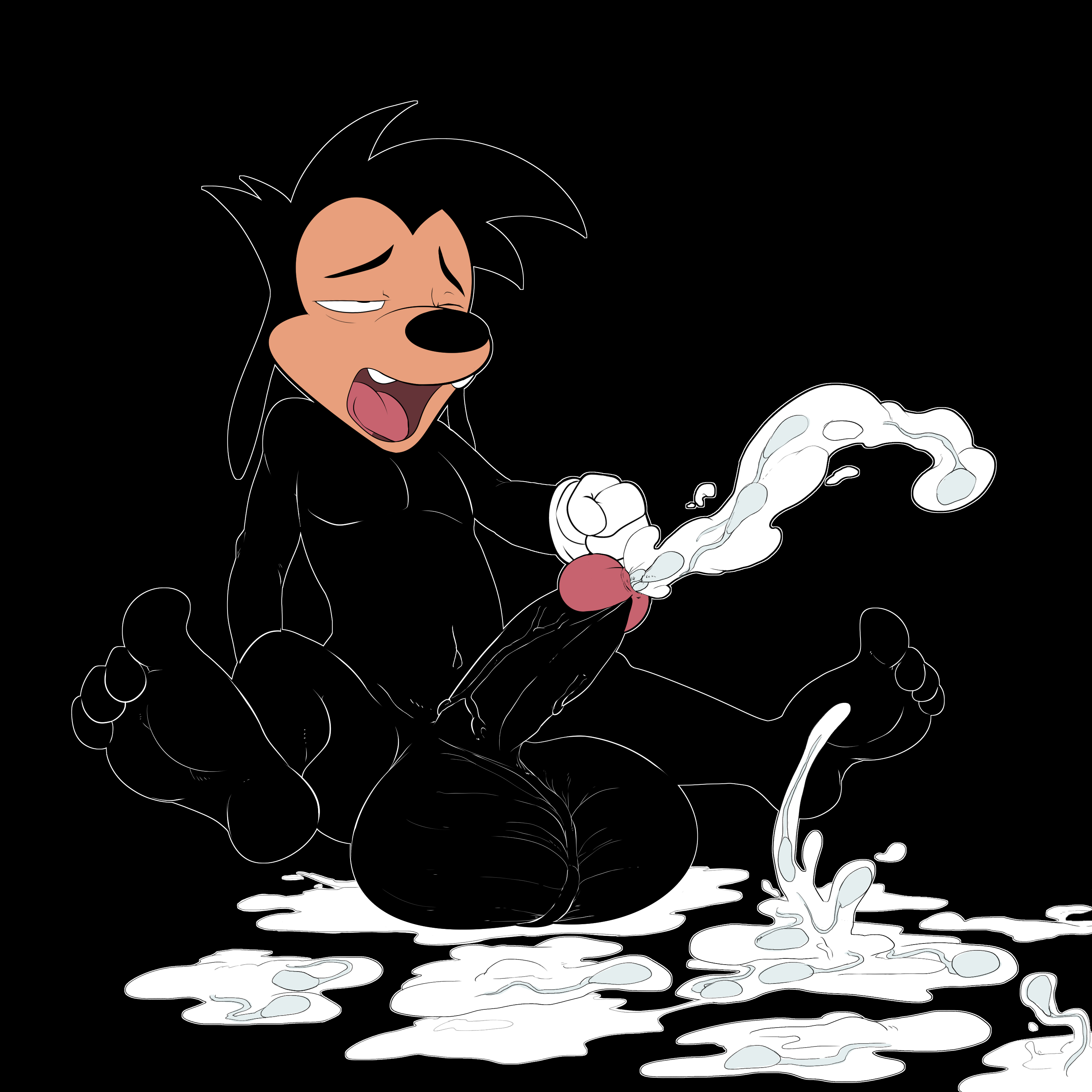 jerseydevil, max goof, disney, goof troop, black background, simple background, 1boy, after masturbation, anthro, balls, big balls, canine, cum everywhere, cumshot, excessive cum, huge balls, hyper, hyper balls, male, male only, mammal, mouth open, nude, one eye closed, orgasm, orgasm face, penis, solo, sperm cells, spread legs, vein, veiny penis, 