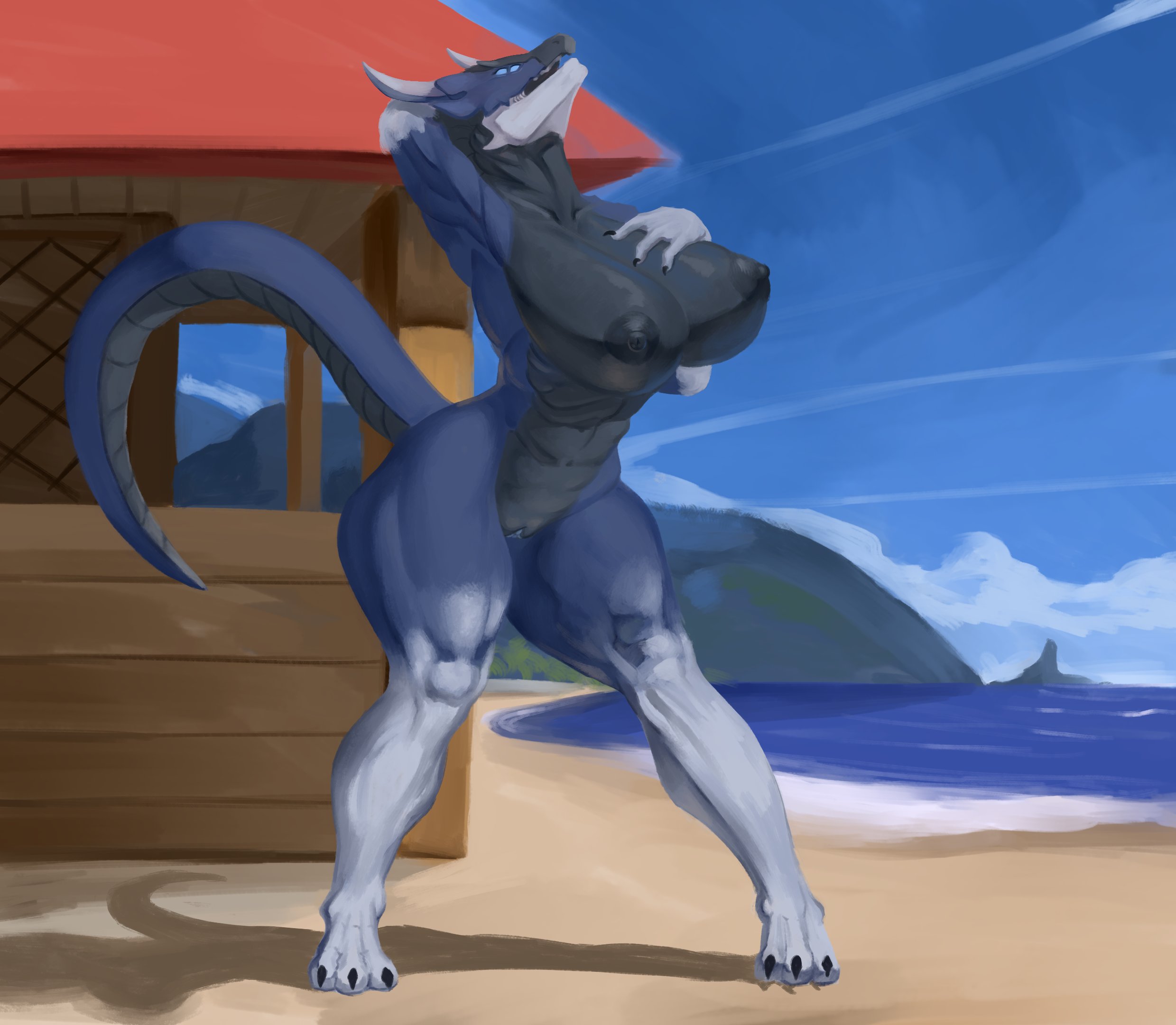 hi res, simple background, anthro, areola, big breasts, black areola, black body, black nipples, blue body, blue eyes, breasts, claws, detailed background, dragon, fangs, female, genitals, horn, mature female, multi eye, multicolored body, myof, nipples, nude, open mouth, pussy, solo, two tone body, 