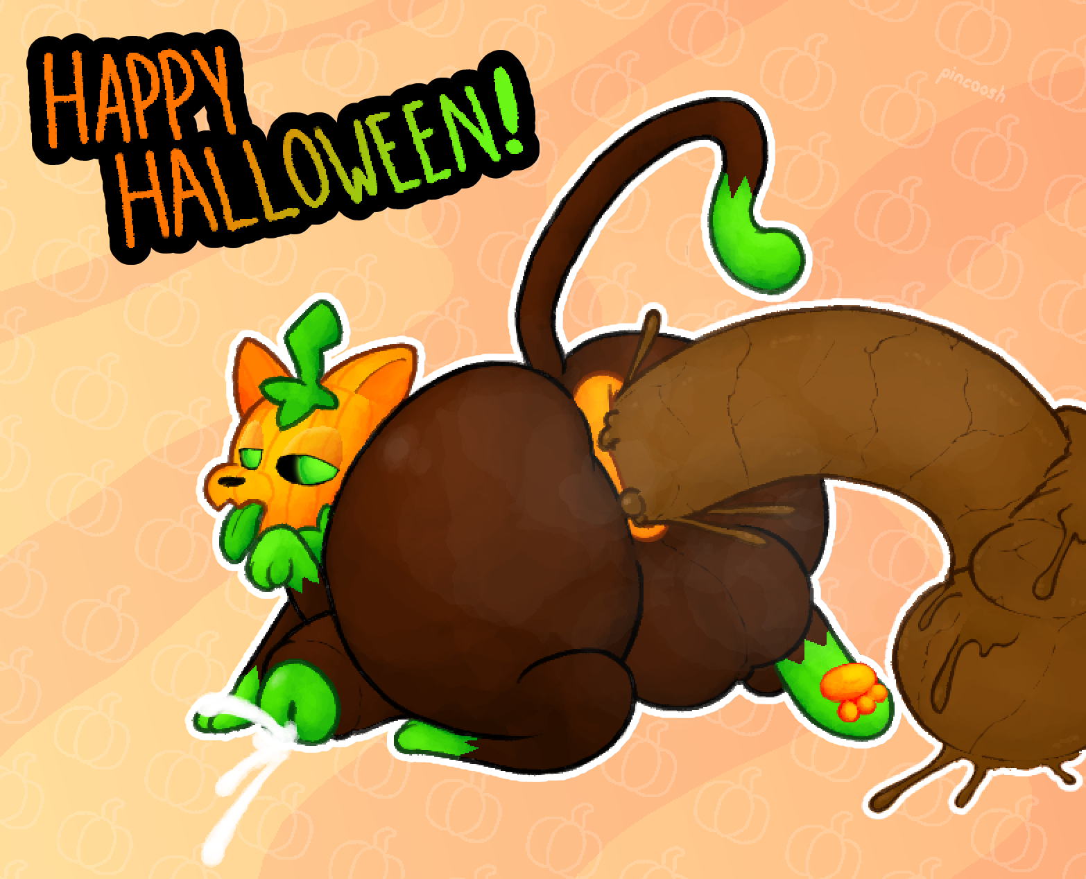 anus ass balls big_anus big_balls big_butt big_penis black_sclera bodily_fluids cum cumshot domestic_cat ejaculation elemental_creature excessive_feces feces feces_pile felid feline felis feral flora_fauna for_a_head foreskin genital_fluids genitals glans green_eyes half-closed_eyes half-erect halloween hi_res holidays huge_anus huge_balls huge_cock humanoid_genitalia humanoid_penis hyper hyper_feces hyper_genitalia hyper_penis hyper_scat looking_at_viewer looking_back lying male mammal musk musk_cloud musky_butt narrowed_eyes object_head on_front pattern_background paw_pose pawpads paws penis pincoosh plant pose presenting presenting_hindquarters puffy_anus pumkat pumpkin_head quadruped rear_view scat scatplay shitting simple_background solo tail tongue tongue_out uncircumcised