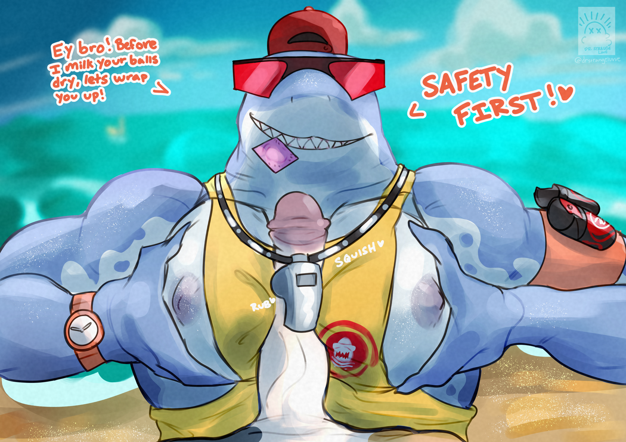 accessory anthro armband beach big_pecs breasts calico_cat cap clock clothing cloud condom condom_in_mouth condom_wrapper dialogue domestic_cat duo english_text epic_games epicbassface eyewear felid feline felis fish fortnite gay genitals glasses hat headgear headwear heart hi_res looking_at_viewer male male/male male_only mammal marine meowscles mouth_hold nipples object_in_mouth outside paizuri pec_squeeze pecjob pecs penis penis_between_pecs red_clothing red_eyewear red_glasses red_hat red_headwear red_sunglasses safety_first_steve sea sex sexual_barrier_device shark sharp_teeth shirt sleeveless_shirt smile smiling_at_viewer sunglasses tank_top teeth text titfuck titjob topwear video_games watch water whistle whistle_(object) whistle_around_neck