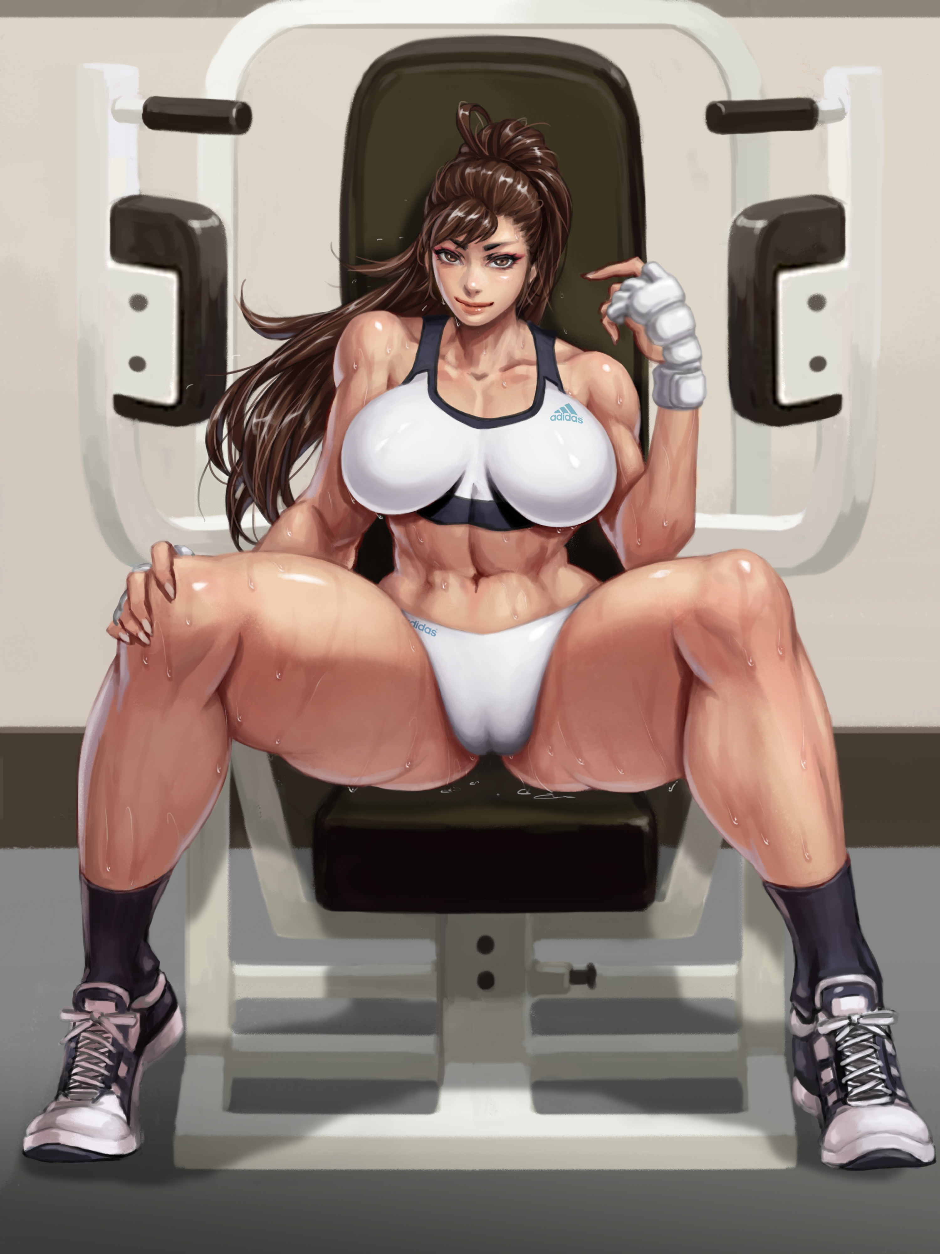 brown hair, cameltoe, female, female only, gym, large breasts, muscle, musc...