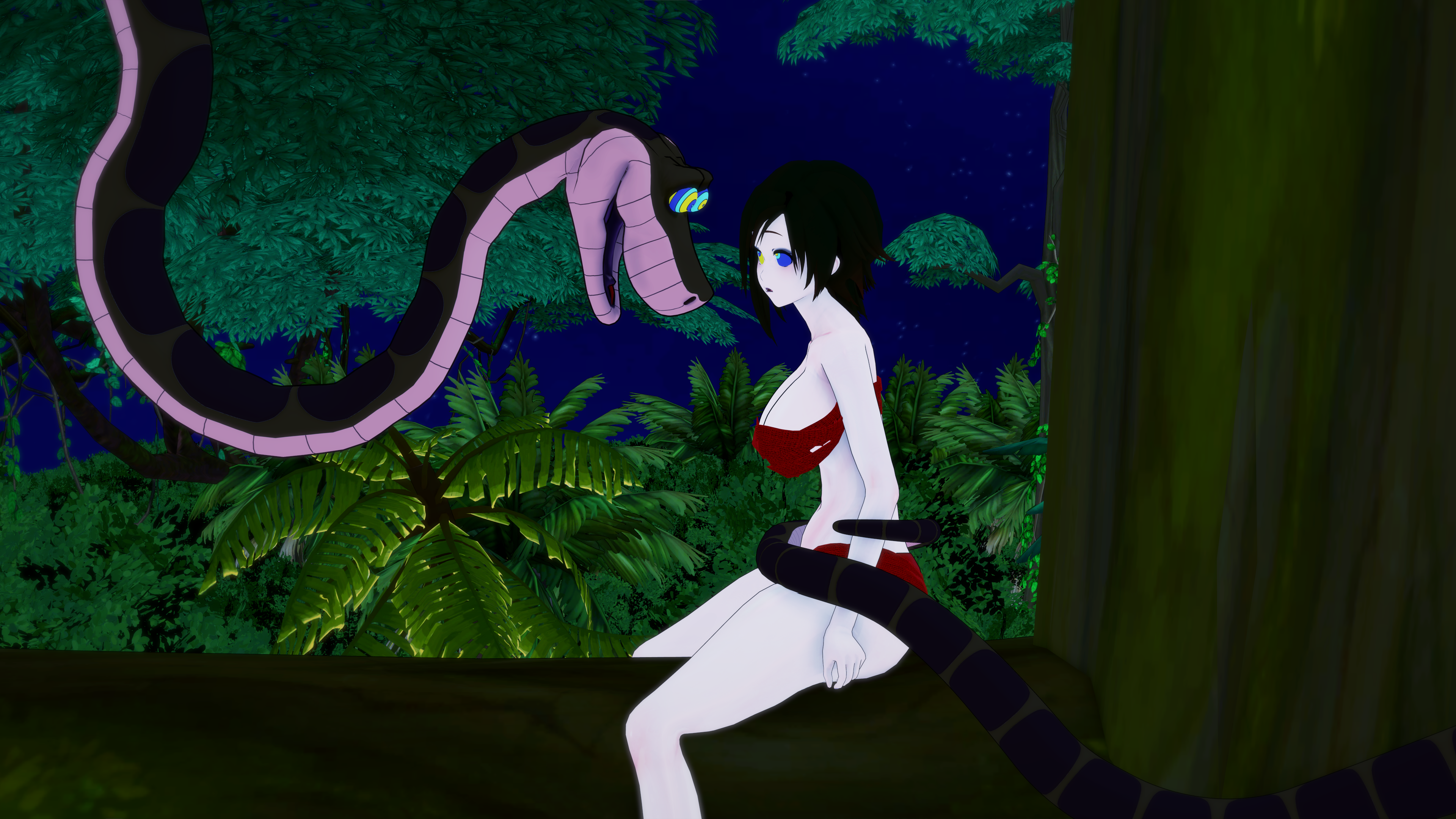 1boy 1girls 3d ass black_hair breasts cleavage coiling confused fat_ass fat_tits female huge_breasts hypnosis jungle kaa kaa_eyes koikatsu lipstick loincloth male midriff mind_control mrkoiru outdoors pale_skin resisting ruby_rose rwby short_hair snake the_jungle_book tree weak_resistance wide_hips