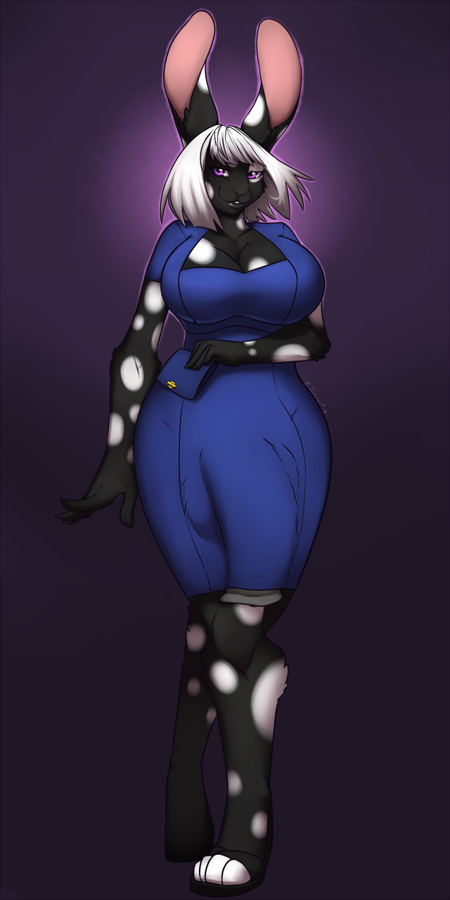 syrae-universe, 2013, anthro, big breasts, black fur, breasts, bulge, claws, cleavage, dickgirl, dress, flaccid, fur, furry, hair, hindpaw, horsecock, intersex, lagomorph, long ears, looking at viewer, paws, penis, pink eyes, purse, rabbit, short hair, smile, solo, standing, white fur, white hair, wide hips, 