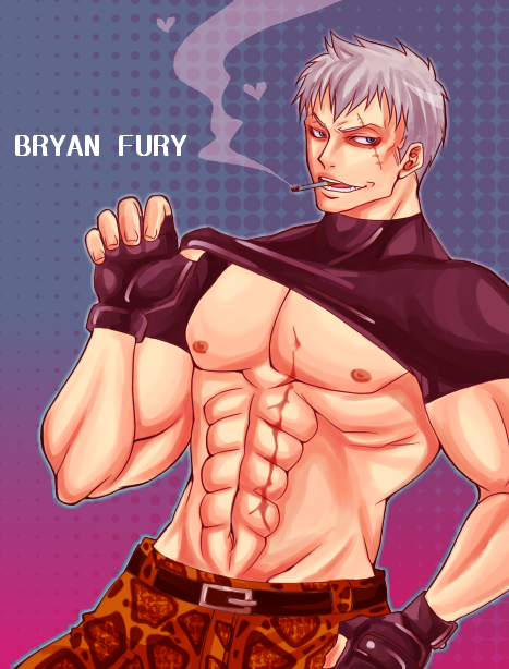 bryan fury, tekken, tagme, 1boy, blue eyes, camouflage pants, cyborg, fingerless gloves, heart, male only, muscular, muscular male, nipples, scar, short hair, showing off, smoking, white hair, 