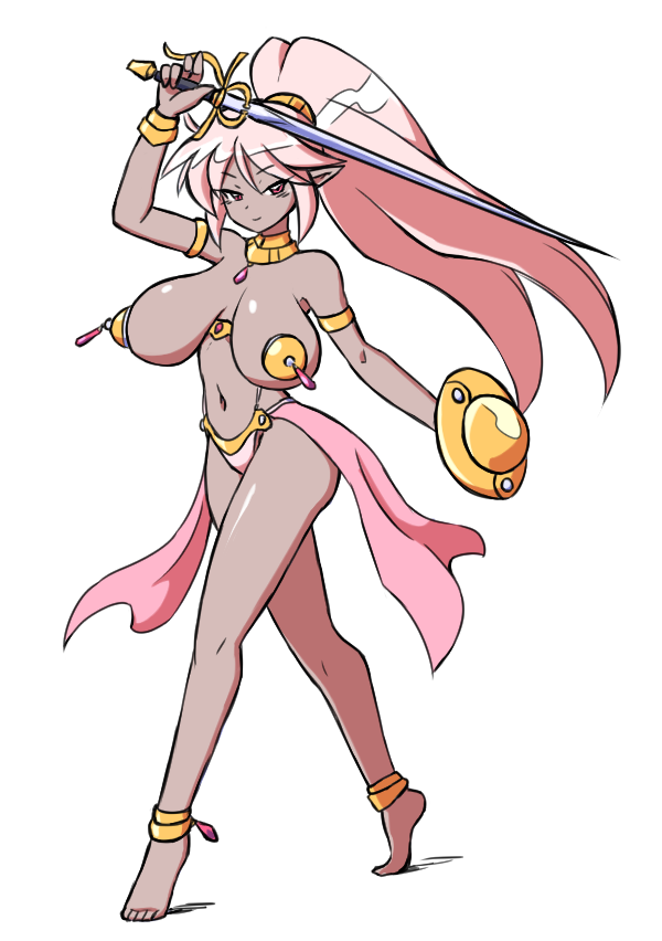 paulgq, original character, original, 1girls, anklet, armband, belly, belly dancer, bracelet, curvy, dancer, dancer outfit, elf, elf ears, female, gold pasties, grey skin, huge breasts, jewelry, long hair, navel, nipple covers, orange eyes, pasties, pointy ears, ponytail, shield, silver hair, sword, topless, voluptuous, 