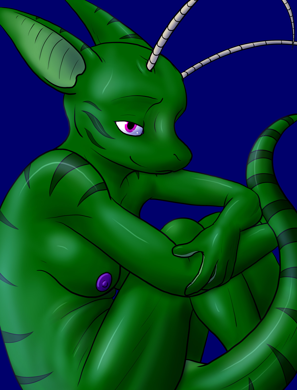 color, high resolution, 1girls, alien, breasts, cocession, exposed breasts, female, female only, magenta eyes, nude, scalie, side view, solo, stripes, xefalia, 