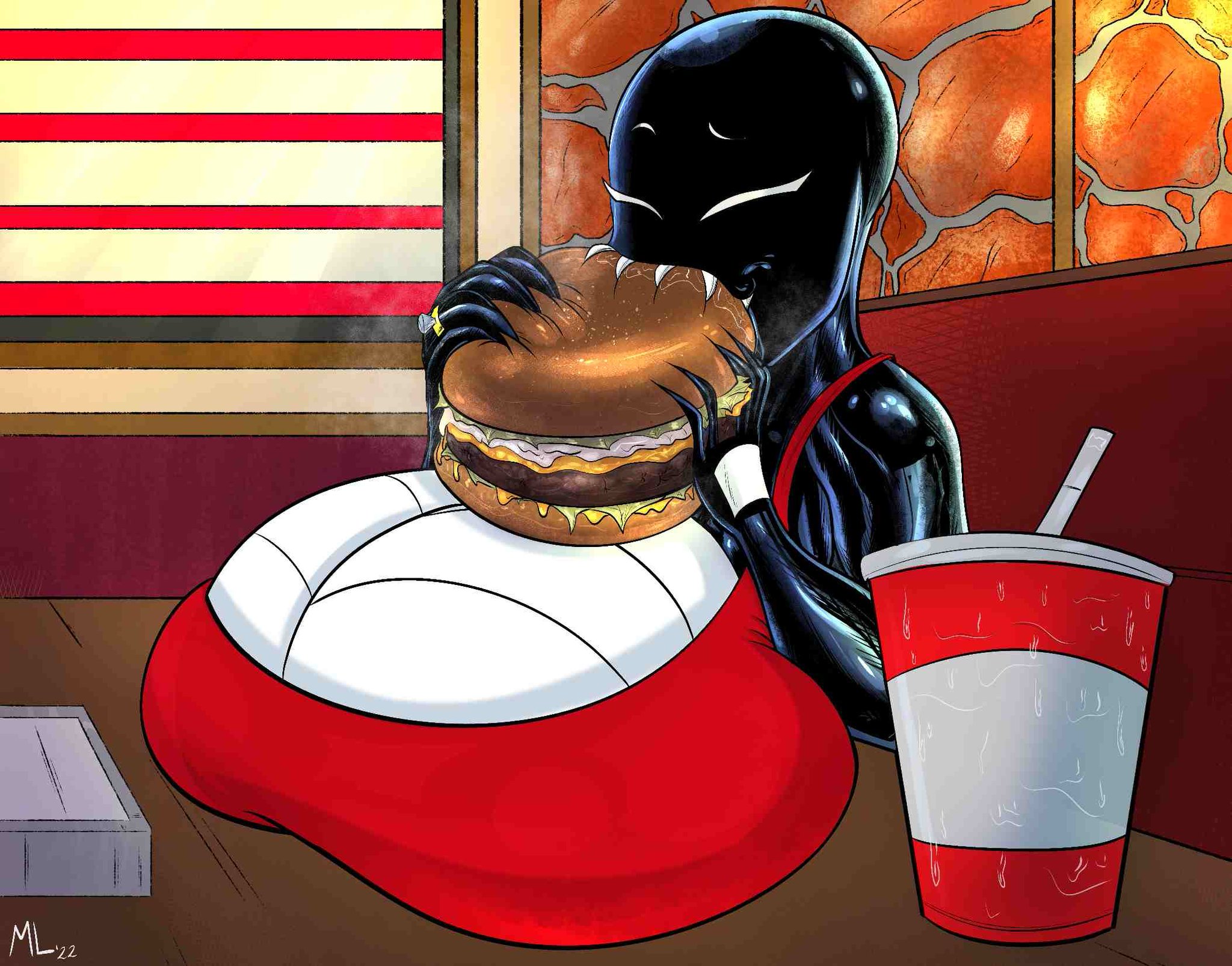ameizing lewds, she-venom, venom, venom (marvel), marvel, marvel comics, spider-man (series), rule 63, watermark, 1girls, 2022, 5 fingers, alien, alien girl, artist name, ass, big ass, big breasts, big butt, black body, black skin, bottom heavy, breasts, breasts bigger than head, burger, cheeks, cute, cute face, cute feet, eating, eyelashes, feet, female, female only, food, gigantic breasts, hips, huge ass, huge breasts, huge butt, humanoid, hyper ass, hyper butt, large ass, large breasts, large butt, looking at viewer, lying, not furry, open mouth, puffy lips, sharp teeth, signature, smile, smiling, solo, solo female, superhero, superheroine, symbiote, symbol, teeth, thick, thick ass, thick thighs, thighs, tongue, top heavy, upper body, villain, voluptuous, white eyes, wholesome, wide hips, 