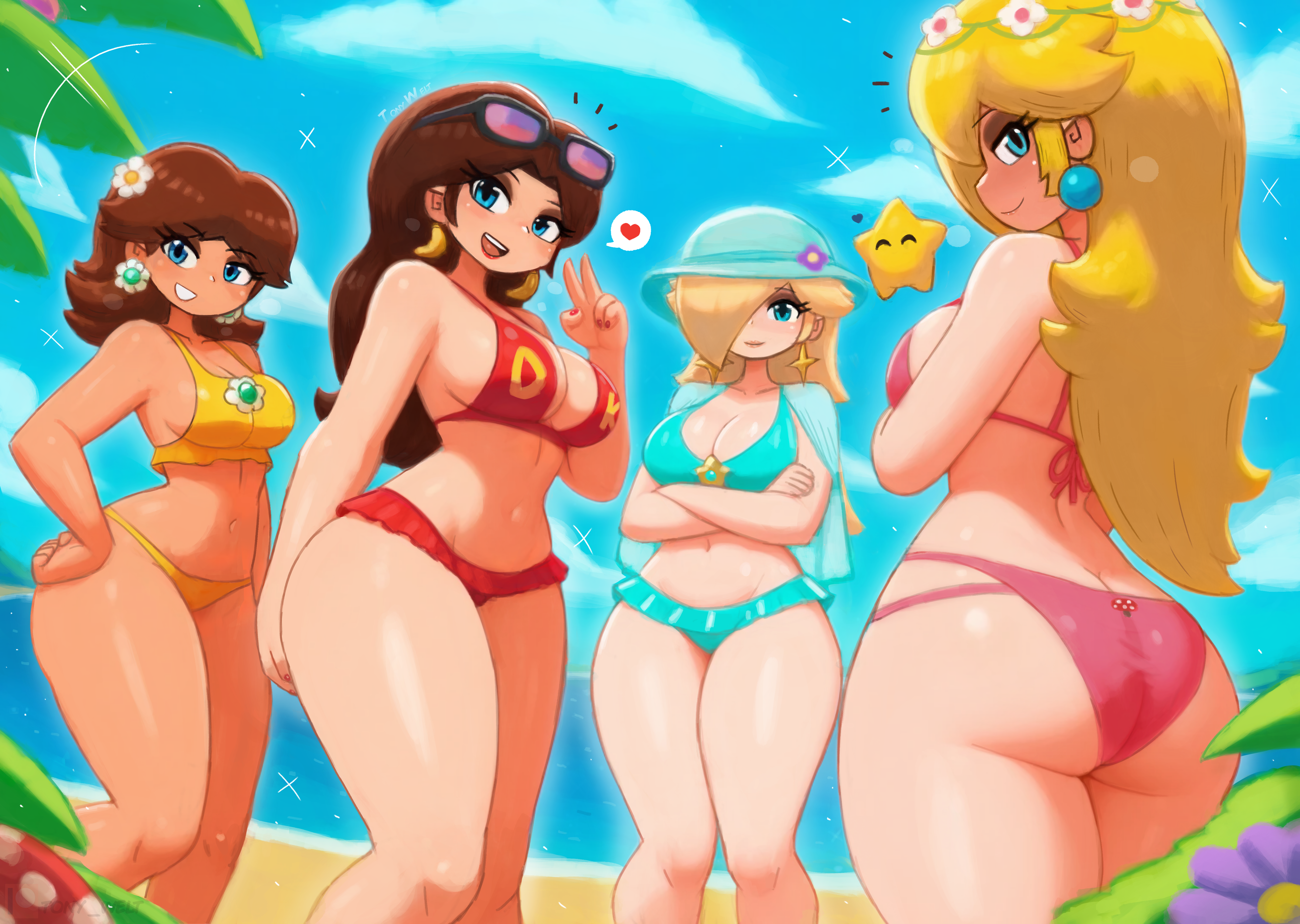 4girls ass beach bikini bikini_skirt blonde_hair blue_bikini blue_eyes blue_hat blue_sky breasts brooch brown_hair butt_crack closed_mouth cloud cowboy_shot crossed_arms day earrings flower flower_brooch flower_earrings food_print from_behind hair_flower hair_ornament hair_over_one_eye hand_on_own_hip hat hat_flower head_wreath heart hoop_earrings jewelry large_breasts long_hair looking_at_viewer looking_back luma_(mario) mario_(series) medium_breasts multiple_girls mushroom_print navel nintendo ocean open_mouth outdoors palm_tree pauline_(mario) pink_bikini princess_daisy princess_peach princess_rosalina print_bikini red_bikini sand sky smile sparkle speech_bubble spoken_heart standing star_(symbol) star_brooch star_earrings sunglasses_on_head super_mushroom swimsuit tan thick_thighs thighs tony_welt tree v water wide_hips yellow_bikini
