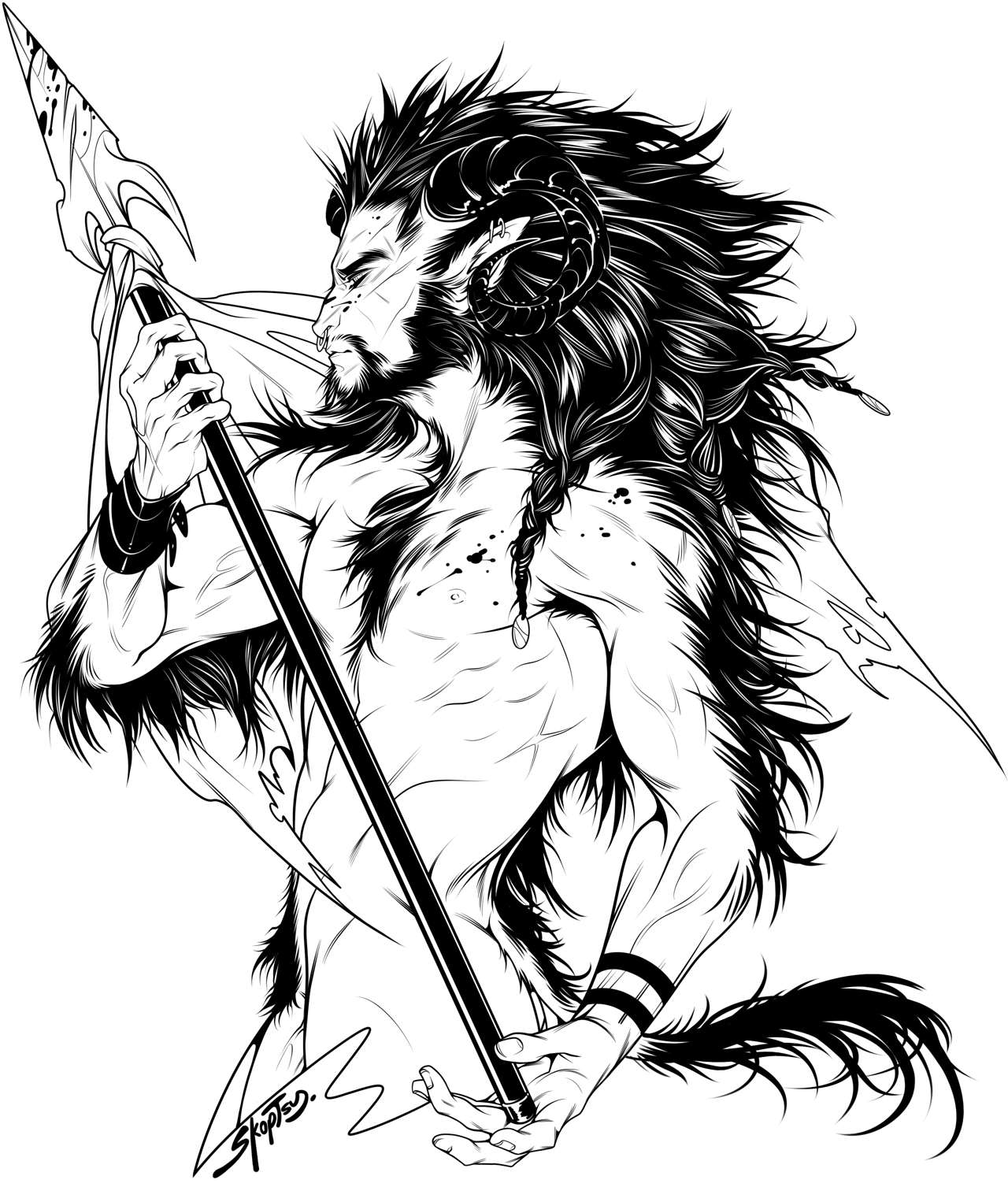 bara, beard, flaccid, horn, male, male only, muscles, penis, satyr, solo, spear, 