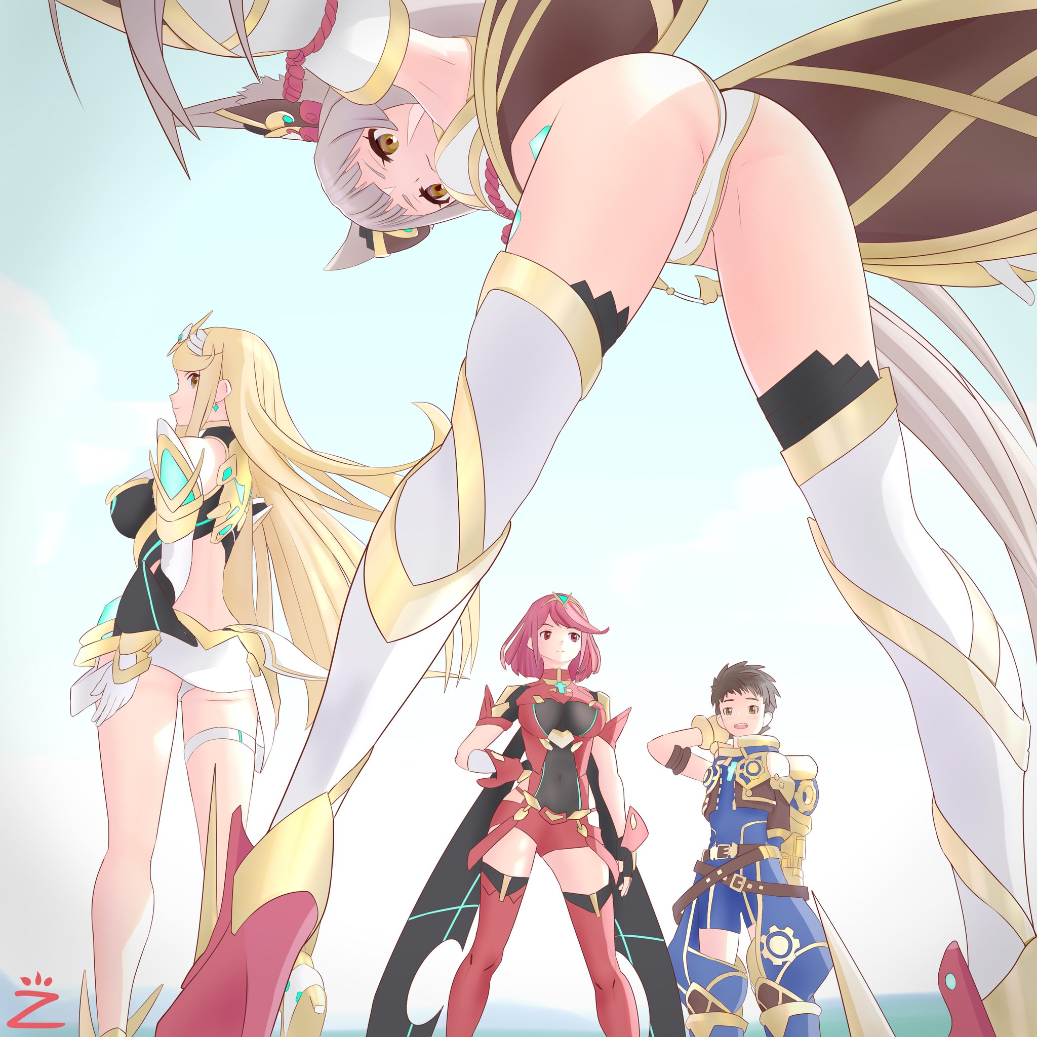 mythra, nia, pyra, rex (xenoblade), nintendo, xenoblade (series), xenoblade chronicles 2, 1boy, 3girls, animal ears, blonde hair, cat ears, grey hair, long hair, nia (blade), red hair, short hair, upskirt, zambonito, 
