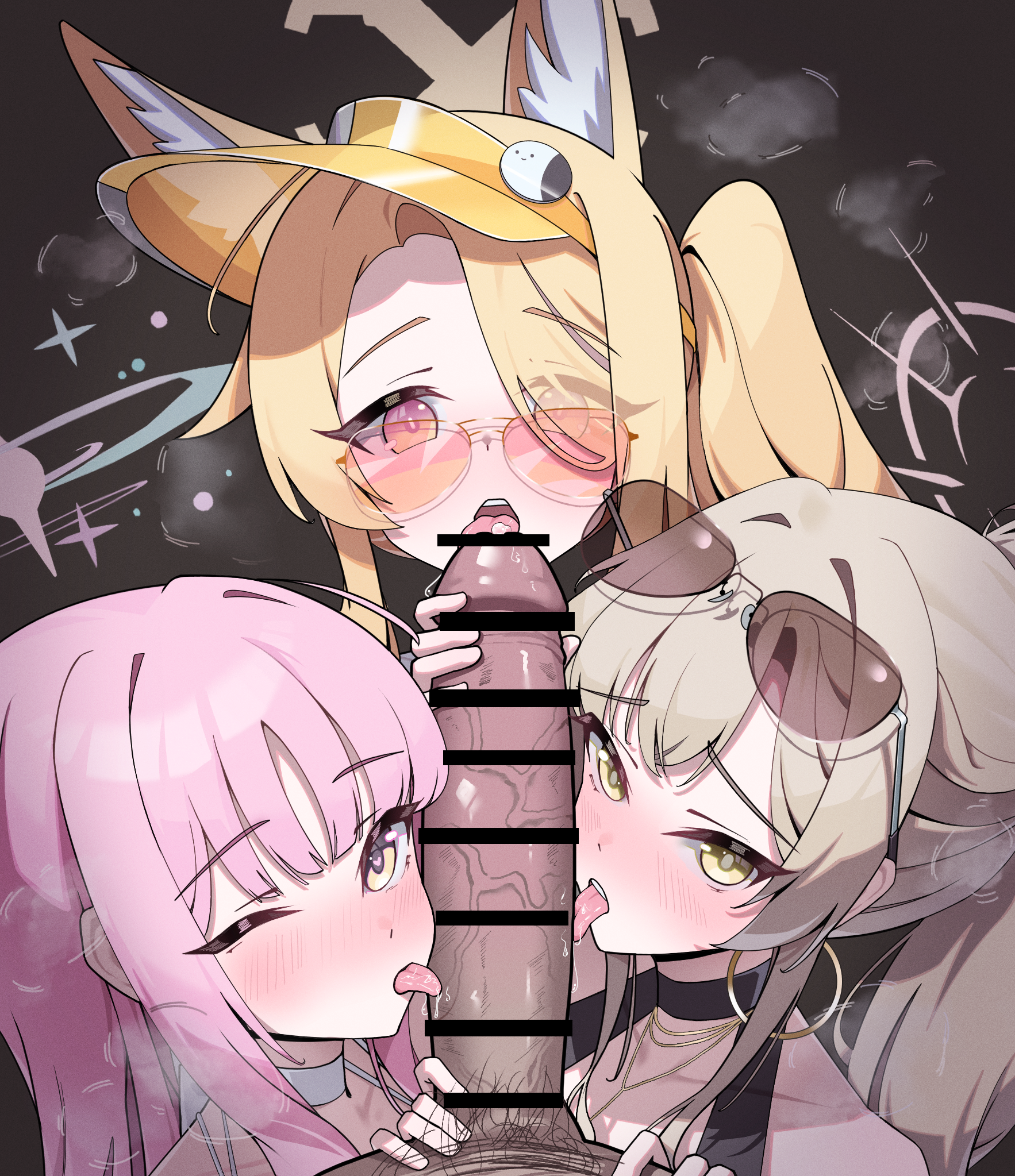 bar censor, censored, highres, 1boy, 3girls, animal ear fluff, animal ears, blonde hair, blue archive, blush, cooperative fellatio, cross halo, erection, eyewear on head, fellatio, fox ears, fox girl, halo, harem, hetero, huge penis, licking, licking penis, looking at viewer, mika (blue archive), mika (swimsuit) (blue archive), multiple girls, nagisa (blue archive), nagisa (swimsuit) (blue archive), official alternate costume, one eye closed, oral, penis, pink hair, ponytail, pov, seia (blue archive), seia (swimsuit) (blue archive), side ponytail, sunglasses, swimsuit, teamwork (sexual), tinted eyewear, uwoo s2, visor cap, yellow eyes, yellow visor cap, 