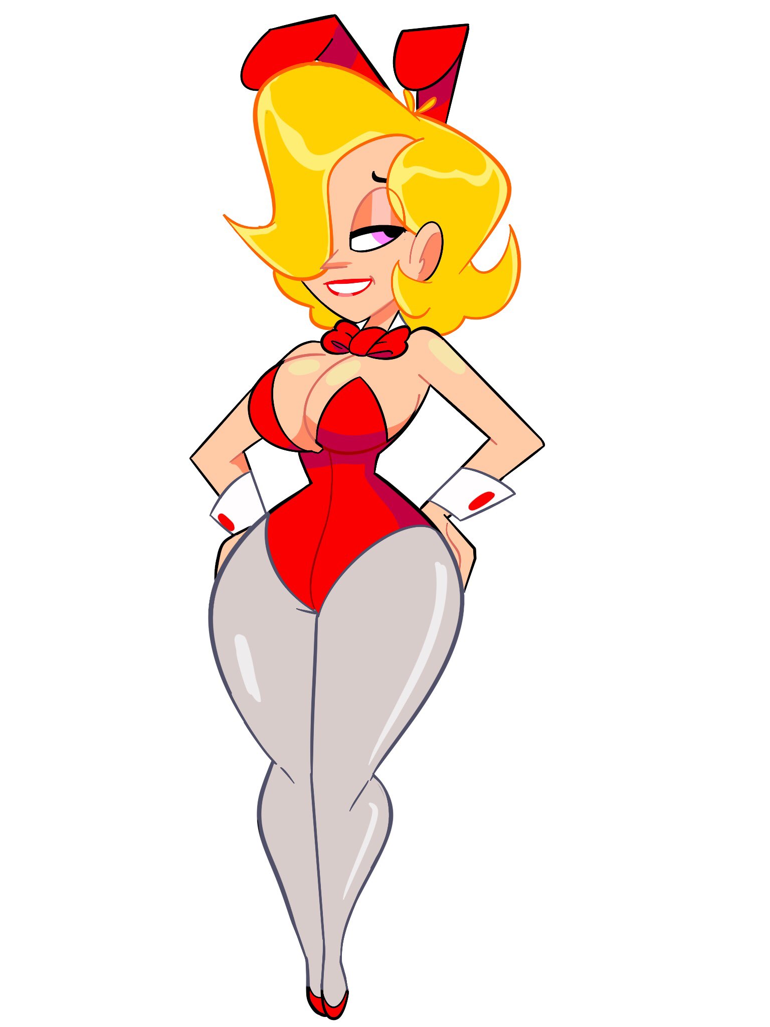 atomickingboo, original character, original, 1girls, alison rose, artist name, big breasts, blonde hair, breasts, bunny ears, bunny girl, bunnysuit, bursting breasts, fat ass, fat butt, female, female focus, female only, hips, hourglass figure, large ass, large breasts, the space angels, thick, thick legs, thick thighs, thigh highs, thighhighs, voluptuous, wide hips, 