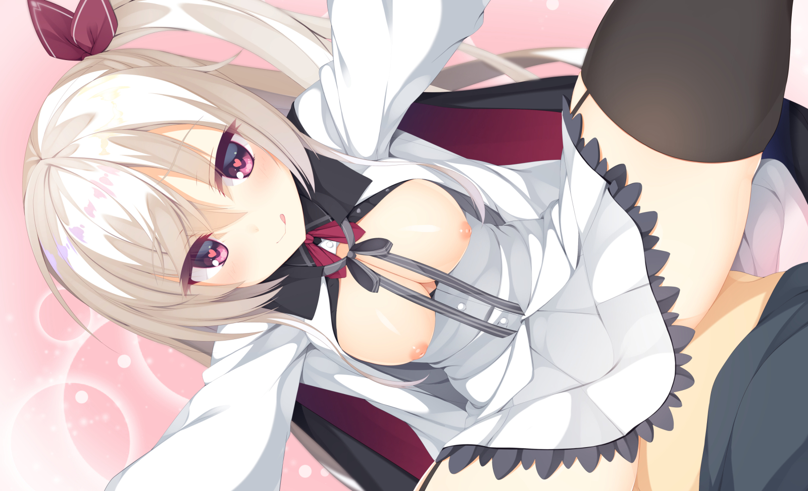 aria., cafe stella to shinigami no chou, yuzu-soft, commentary request, highres, pink background, simple background, 1boy, :p, akizuki kanna, aroused, bangs, black cape, black collar, black ribbon, black thighhighs, blush, breasts, breasts out, bright pupils, cape, cleavage, closed mouth, clothed sex, collar, cowgirl position, dutch angle, eyelashes, female, frilled skirt, frills, furrowed brow, garter straps, hair between eyes, hair ribbon, heart, heart-shaped pupils, jacket, large breasts, leaning forward, long hair, looking at viewer, miniskirt, nipples, no bra, no panties, outstretched arms, pov, red eyes, red ribbon, ribbon, sex, side ponytail, sidelocks, skirt, smile, straddling, straight, symbol-shaped pupils, thighhighs, tongue, tongue out, very long hair, white hair, white jacket, white skirt, zettai ryouiki, 