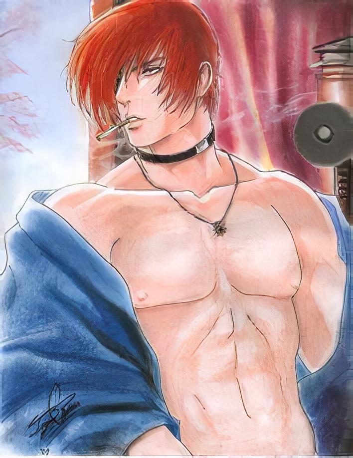unknown artist, iori yagami, king of fighters, snk, the king of fighters, 1boy, abs, barely clothed, blue jacket, choker, cigarette, male only, muscular, muscular male, necklace, sakura blossoms, signature, solo male, 