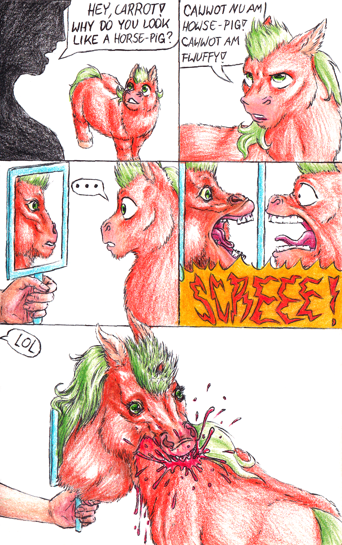 english text, hi res, simple background, text, white background, ambiguous gender, baby talk, dialogue, dragonixa, duo, equid, equine, feral, fluffy pony, fur, green eyes, green hair, hair, horse, human, laugh, male, mammal, mirror, orange body, orange fur, screaming, silhouette, 