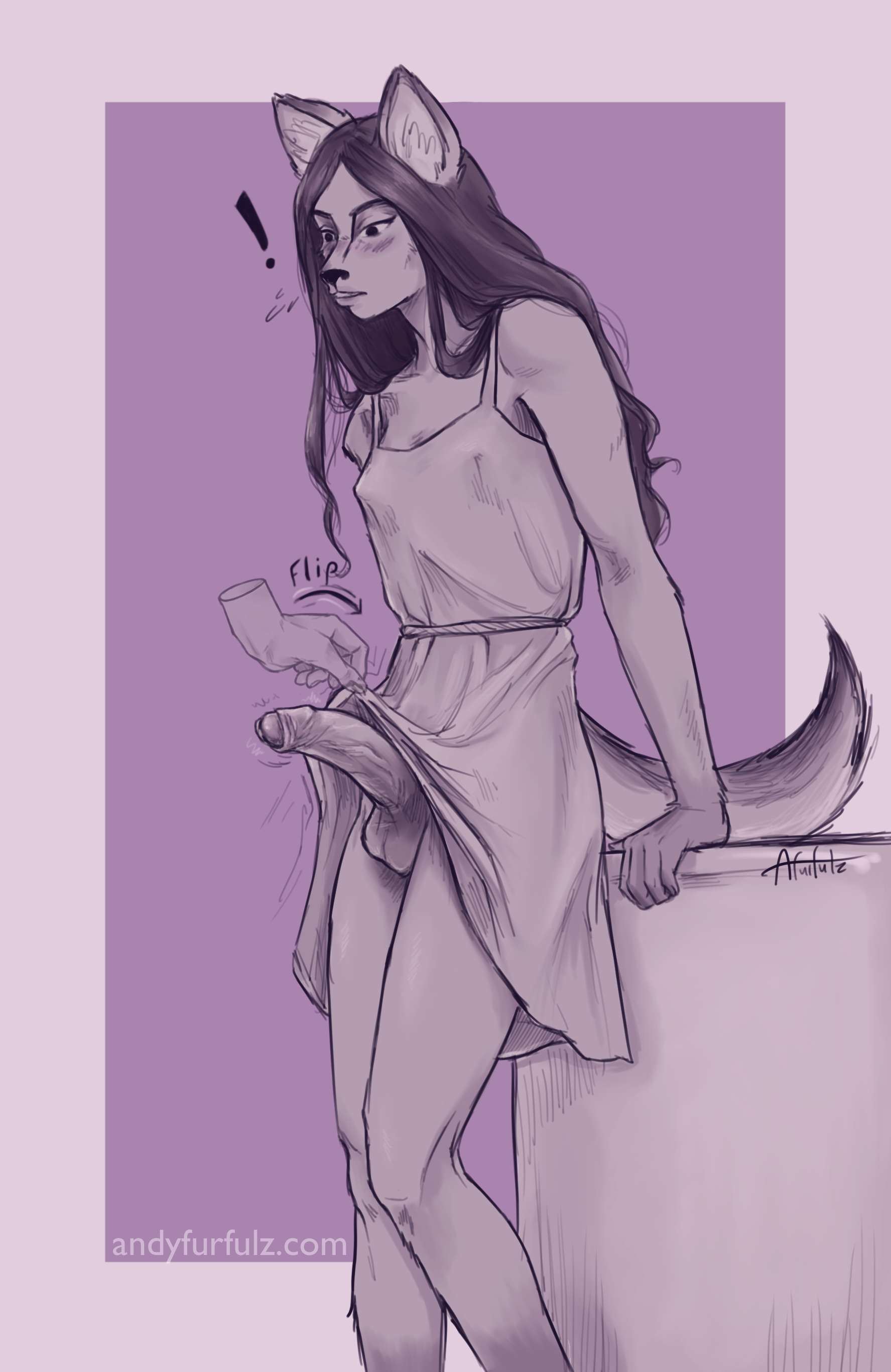 absurd_res andyfurfulz anthro balls black_hair blush breasts canid canine canis cass_(andyfurfulz) clothed clothing clothing_grab clothing_lift disembodied_hand domestic_dog dress dress_lift embarrassed english_text erection foreskin furniture futanari genitals hair hi_res husky intersex leaning long_hair looking_down mammal monochrome motion_lines nipple_outline nordic_sled_dog partially_retracted_foreskin penis retracted_foreskin simple_background small_breasts sound_effects spitz sundress surprised_expression table tail text trans_woman transfem uncircumcised url vein veiny_penis