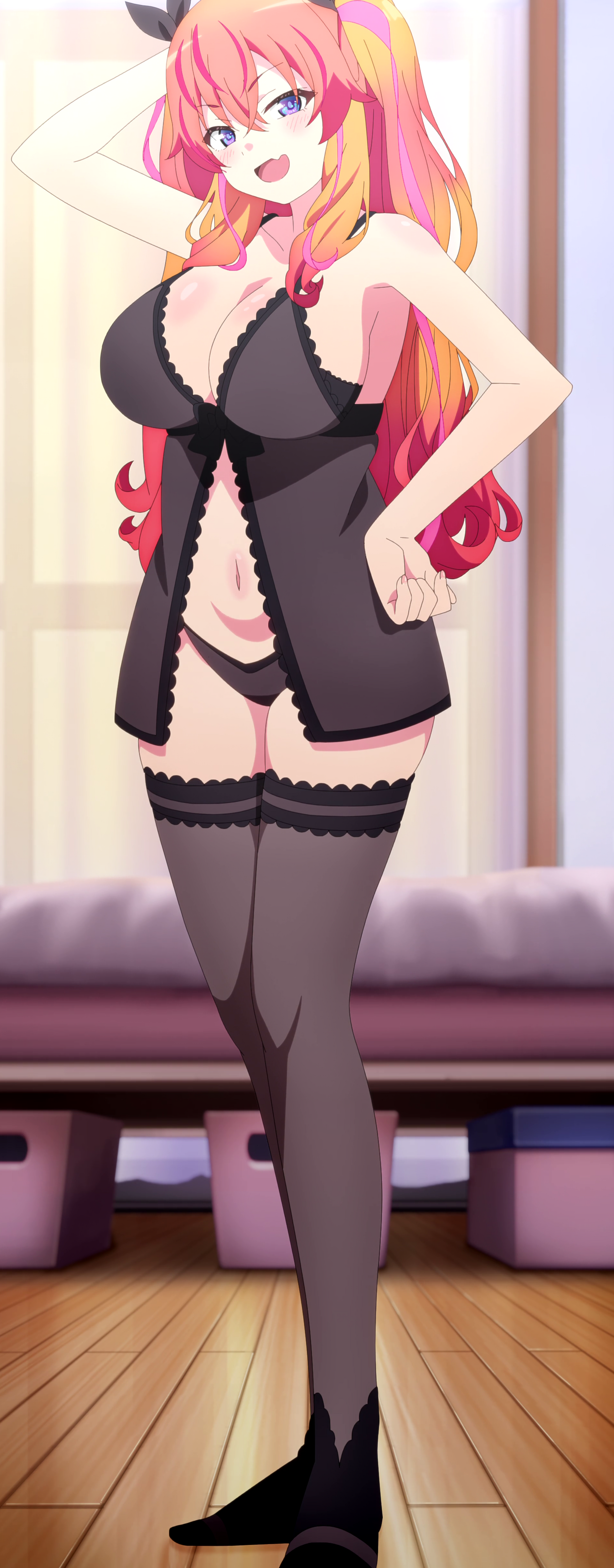 1girls agatsuma_makina blue_eyes breasts kakushite!_makina-san!! large_breasts lingerie navel panties red_hair screencap thick_thighs thighhighs thighs