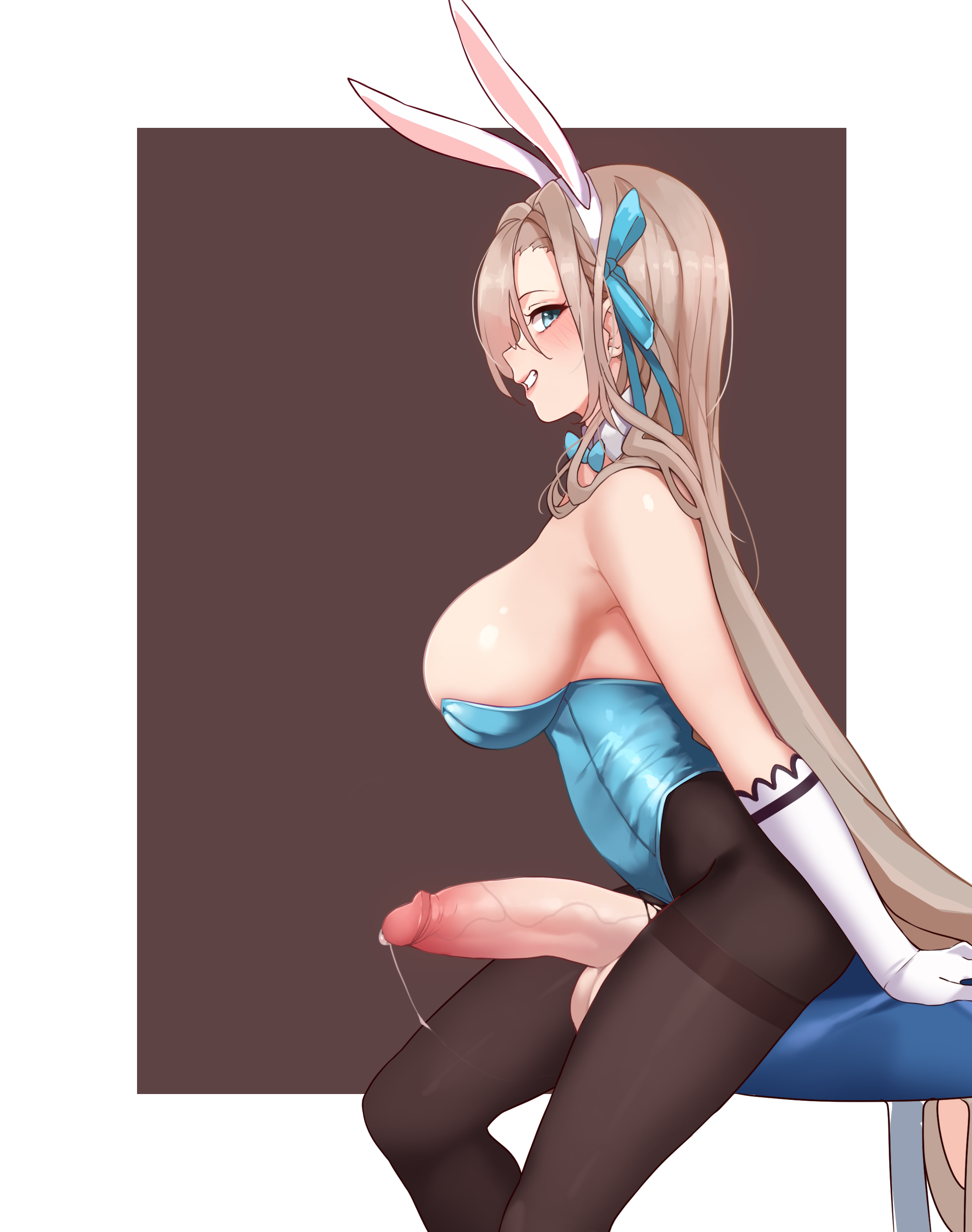 todding, hi res, highres, 1futa, animal ears, asuna (blue archive), balls, big breasts, big penis, blue archive, breasts, clothing, elbow gloves, erect penis, erection, futa only, futanari, gloves, huge breasts, huge cock, human, light-skinned futanari, light skin, mostly nude, penis, penis out, precum, precum drip, sitting, smile, solo, solo futa, veiny penis, 