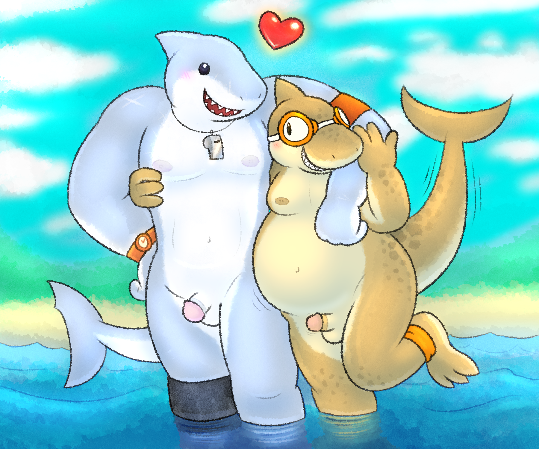 anklet anthro armband balls beach belly big_belly blush clock duo epic_games eye_contact eyewear fish flaccid fortnite genitals goggles grin heart_symbol hi_res hug jewelry looking_at_another male male/male male_anthro male_only marine motion_lines navel nipples nishi_oxnard on_one_leg open_mouth open_smile partially_submerged penis safety_first_steve sea shark sharp_teeth small_penis smile standing swimming_goggles tail tail_motion tailwag teeth watch water whistle_around_neck
