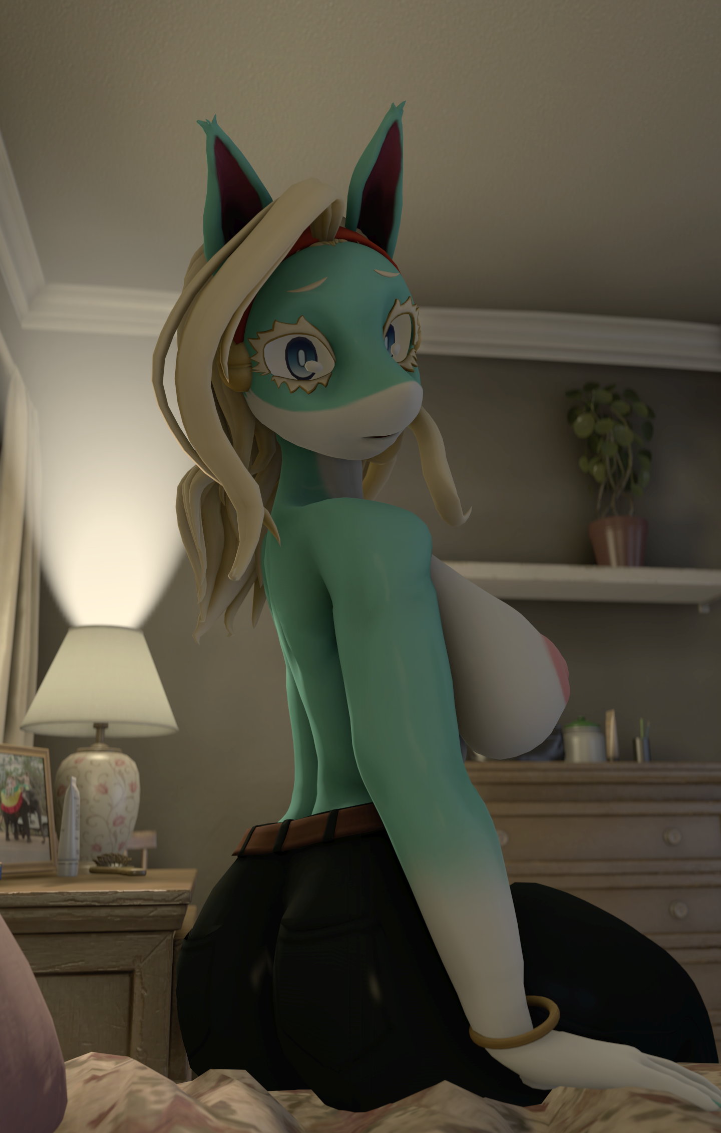 1girls 3d areola areolae backlighting bedroom belt black_pants blonde_hair boku_no_hero_academia bracelet breasts clothing cyan_body cyan_eyes female female_only fox_ears fox_girl hairband head_tilt ippan_josei large_breasts long_hair looking_at_viewer meddlade my_hero_academia nipples on_bed open_mouth pants sfm shy sitting sitting_on_bed solo topless turquoise_body turquoise_eyes xgonngivit