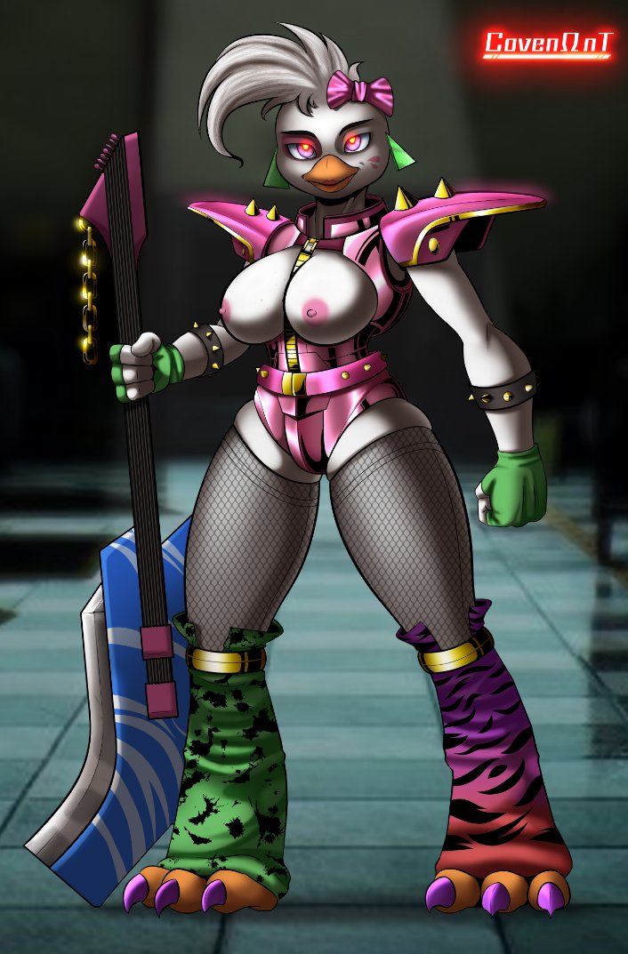 80s, animatronic, avian, big breasts, big thighs, bow, chicken, glamrock chica (fnaf), gloves, looking at viewer, thigh highs, 