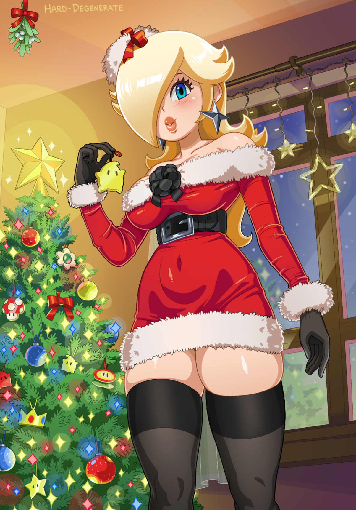 hard-degenerate, princess rosalina, christmas, mario (series), nintendo, 1girls, blonde hair, blue eyes, blush, breasts, christmas tree, cleavage, clothing, female, female only, gloves, hair over one eye, human, lips, looking at viewer, mistletoe, santa costume, stockings, thick thighs, 