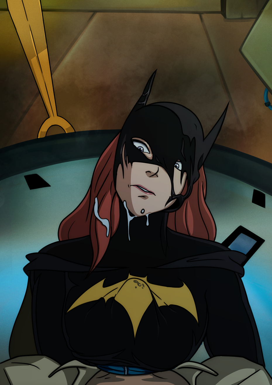 elmrtev, barbara gordon, batgirl, batman (series), dc, dc comics, 1boy, 1girls, boobjob, breasts, clock king, cum, cum on face, ginger hair, lipstick, long hair, orange hair, paizuri, paizuri under clothes, ripped clothing, time stop, titjob, top, 
