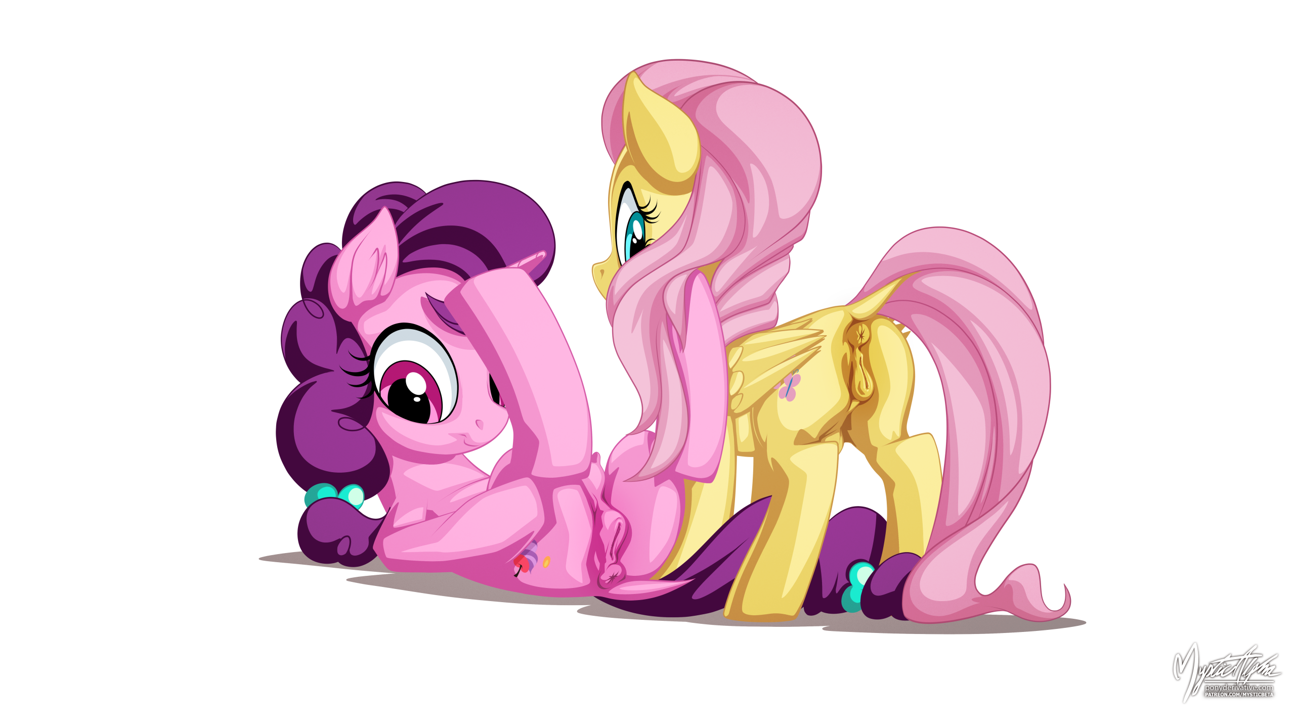 mysticalpha, fluttershy (mlp), sugar belle (mlp), friendship is magic, hasbro, my little pony, 16:9, digital media (artwork), hi res, simple background, white background, animal genitalia, animal pussy, ass, blue eyes, cutie mark, dock, duo, equid, equine, equine anus, equine pussy, feathered wings, feathers, female, feral, genitals, hair, horn, legs up, long hair, looking at viewer, looking back, lying, mammal, nipples, nude, on back, pegasus, pink body, pink hair, pink horn, pink skin, pink tail, ponytail, purple eyes, purple hair, purple tail, pussy, signature, teats, unicorn, widescreen, wings, yellow wings, 