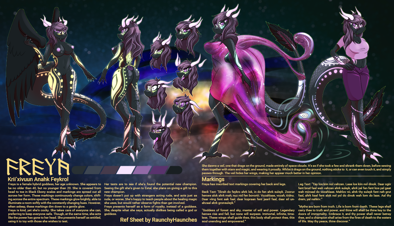 raunchyhaunches, invalid tag, model sheet, 4 eyes, athletic, big breasts, body text, breasts, clothing, crop top, deity, description, detailed descriptions, diety, dragon, dress, expressions, female, floating horns, floating wings, freya (estal), genitals, glowing, glowing markings, glowing text, gown, horn, lewd ref sheet, markings, multi eye, muscular, non-mammal breasts, nude, pussy, reptile, runes, running shorts, scales, scalie, seductive, sensual, shirt, solo, space, sport bra, sport gear, standing, stickers, topwear, veil, virgin, void, wings, 