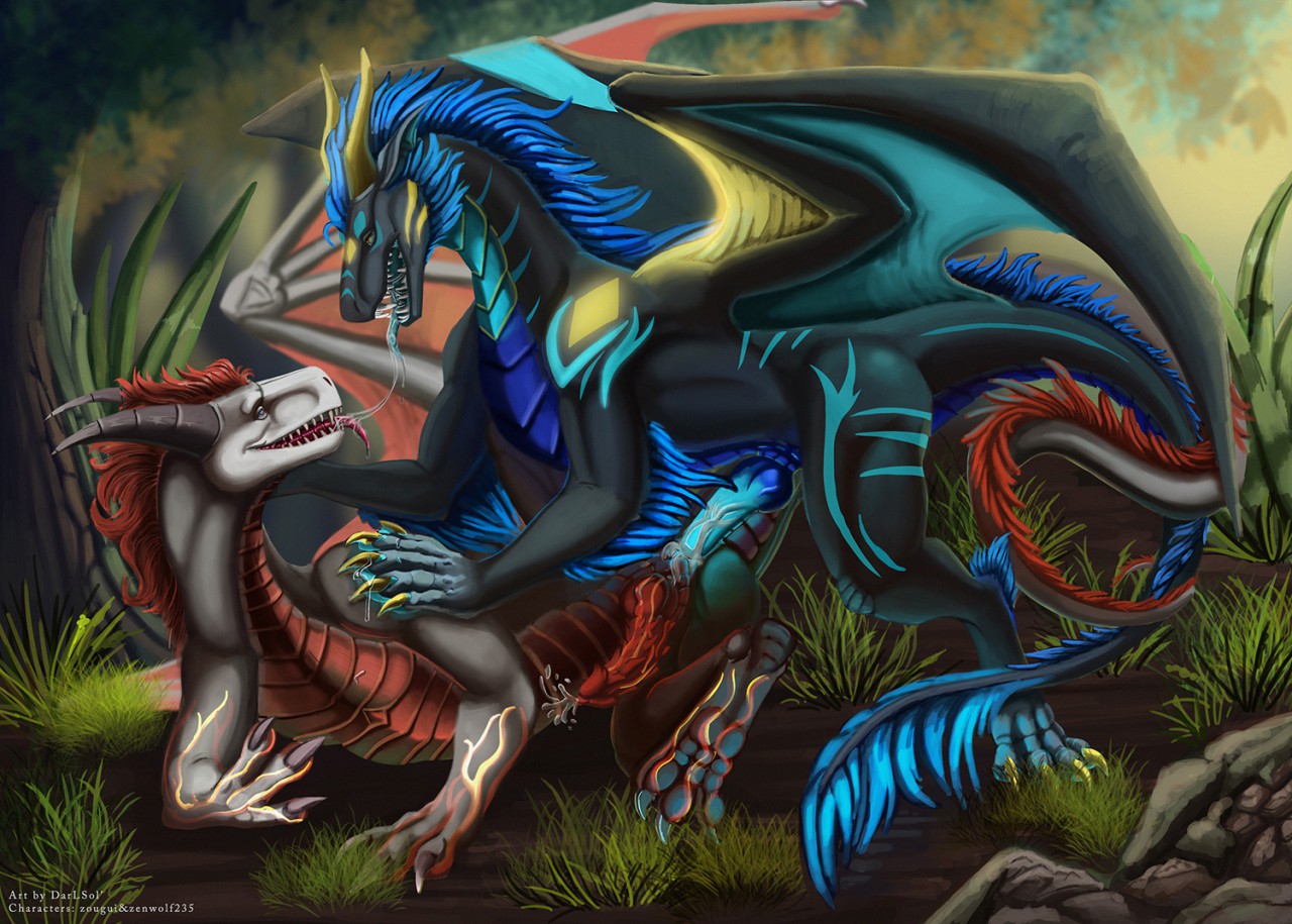 bl darksoul, blue penis, bodily fluids, cum, dragon, duo, feral, feral on feral, forest, genital fluids, genitals, grass, knot, male, male/male, mordorinka, nature, outside, penis, plant, scalie, sex, tree, 