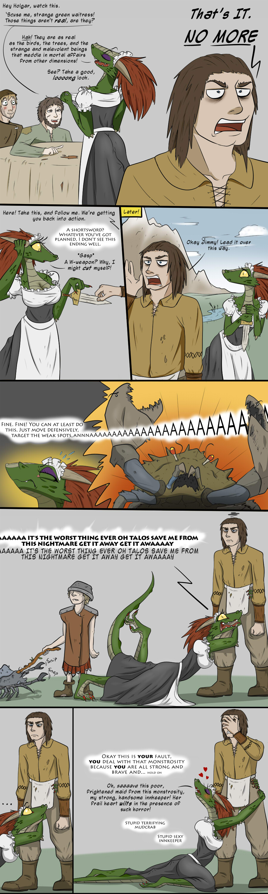 lifts-her-tail, lusty argonian maid, comic, eyeshadow, flashing, green skin, horny, large breasts, mind control, purple eyeshadow, valsalia, yellow sclera, 