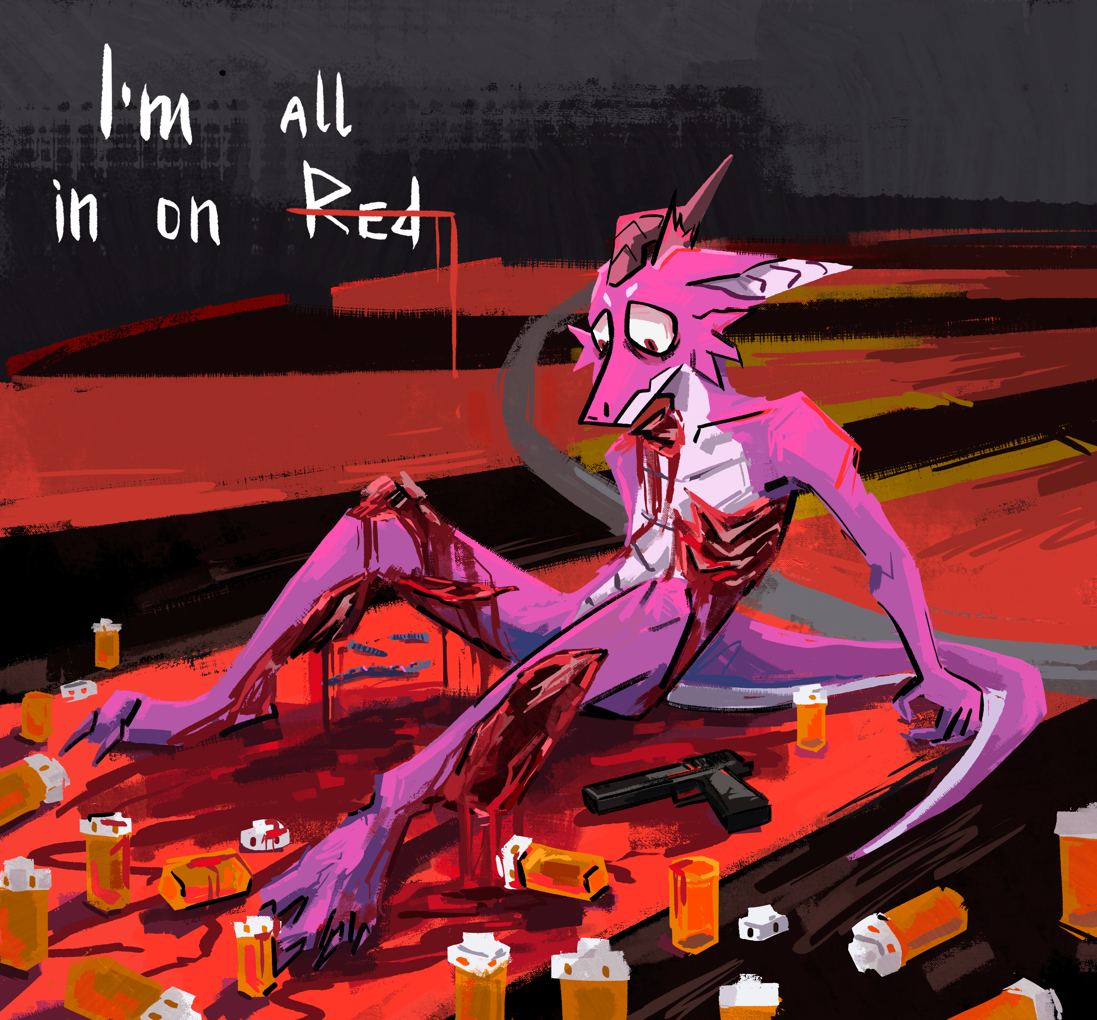 absurd res, english text, hi res, shaded, text, anthro, blood from wound, blood on ground, blood on self, bodily fluids, bone, broken horn, deep wound, detailed background, drugs, ears down, excessive blood, exposed bone, exposed rib cage, exposed ribs, eye bags, eyebrows, frill (anatomy), fuzzysmore (character), gambling, gore, gore focus, gun, handgun, horn, jagged mouth, kobold, male, male/male, multicolored body, mutilation, open wound, pill bottle, pivoted ears, purple body, purple scales, ranged weapon, red eyes, roulette table, scales, scalie, self mutilation, sitting, sitting on ground, sleepymuzzle, solo, thousand yard stare, torn skin, two tone body, ventral scales, weapon, white eyebrows, wounded, 