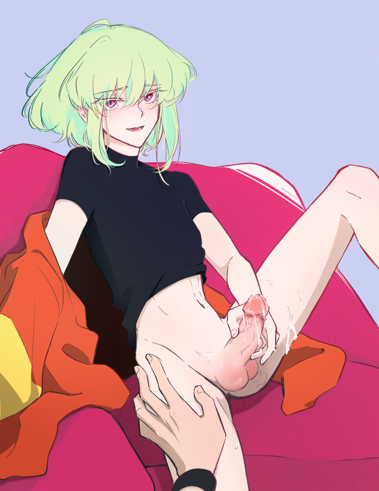 2boys androgynous bob_cut bottomless clothing cum cum_drip femboy femboy_focus galo_thymos hand_on_thigh lio_fotia male_focus masturbation petite petite_body petite_male pov promare short_hair slim slim_male slim_waist solo_focus twink watching_masturbation