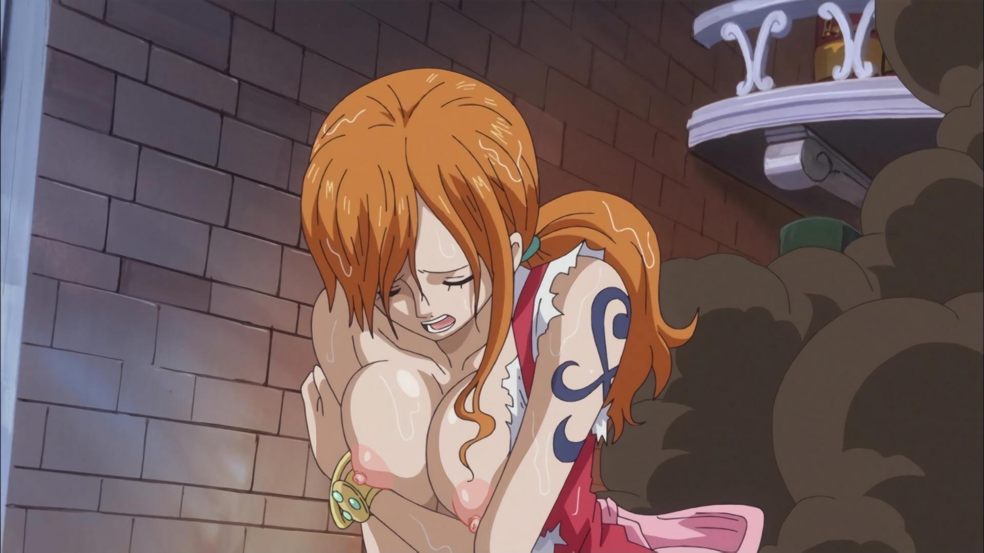 nami, one piece, breasts, nipples, ripped clothing, topless.