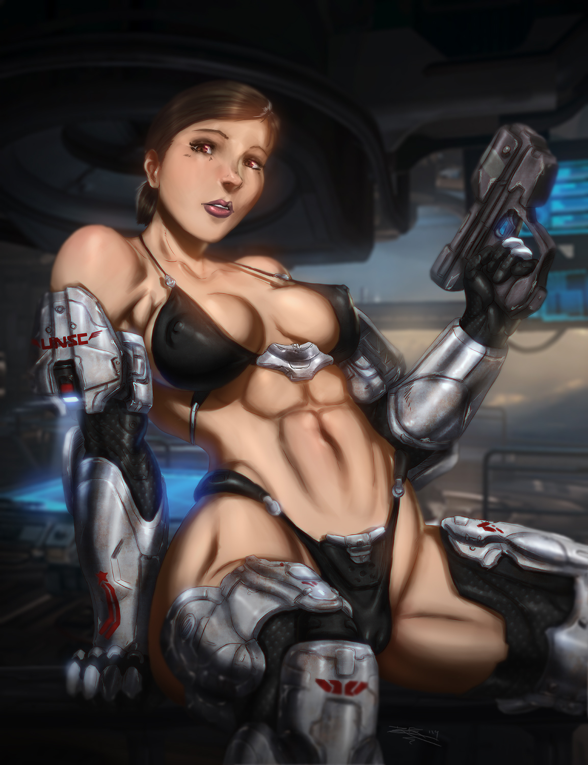 ultamisia, sarah palmer, halo (series), highres, 1girls, abs, areolae, brea...