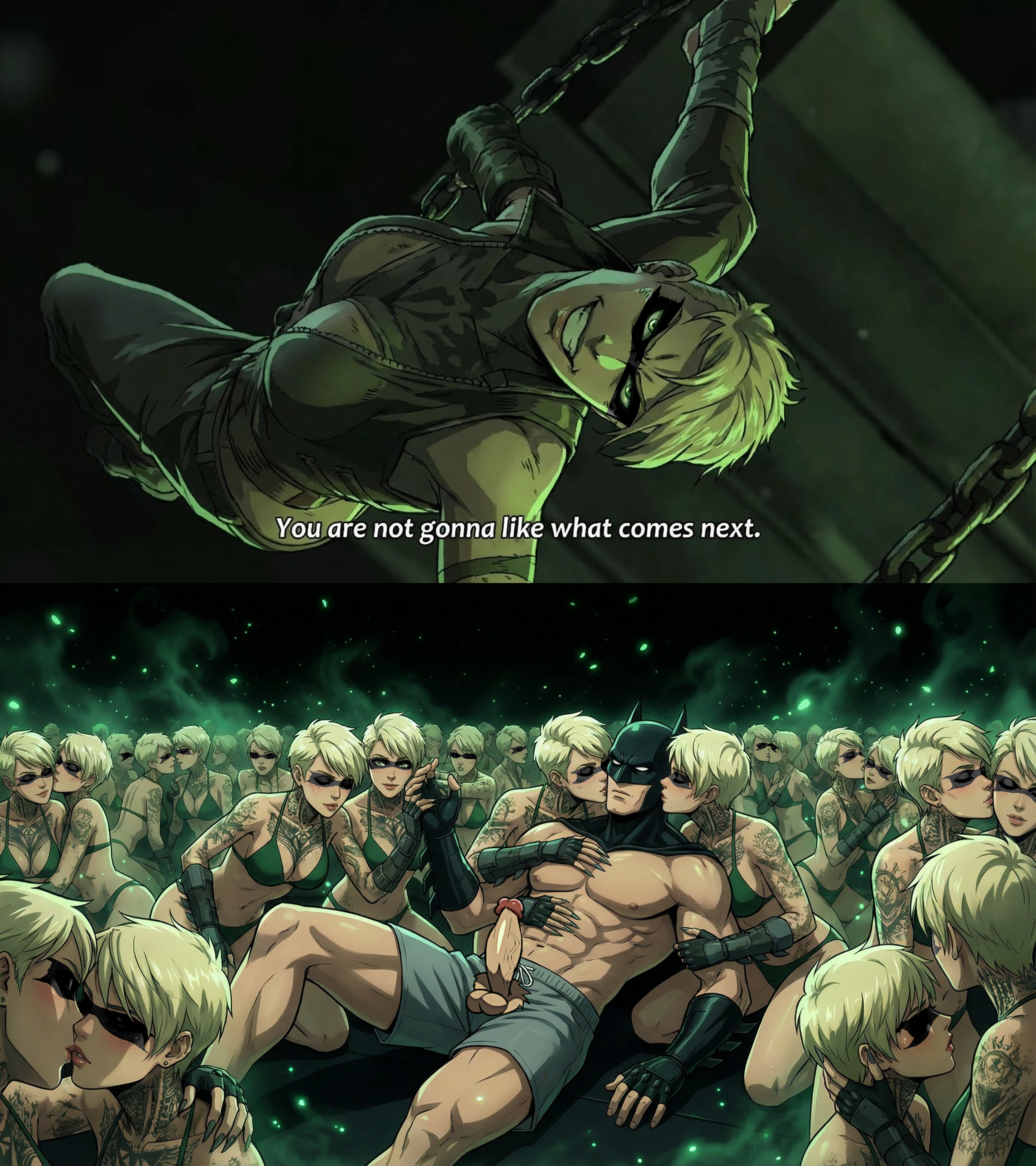 batman batman:_arkham_origins batman_(bruce_wayne) batman_(series) blonde_hair bruce_wayne copperhead copperhead_(arkham_origins) copperhead_(dc) dc dc_comics female green_bikini hallucination hand_on_chest illusion kissing larissa_diaz male male/female nude penis pubes pubes_exposed pubic_hair sadistic_female seduction short_hair straight veiny_penis webart20