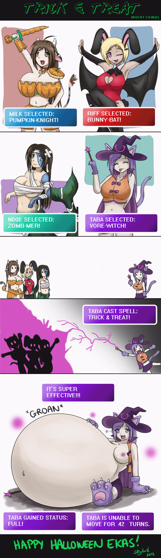 2012 :3 aqua_eyes bandages bat_wings bell big_breasts black_hair blep blonde_hair breast_cutout breasts brunette bunny_girl cat_girl cat_paws catgirl comic cow_bell cow_tail cowgirl digestion english_text eyes_closed female gameplay_mechanics grey_eyes halloween happy_halloween hazel_eyes heart-shaped_cutout huge_breasts inflation knight large_breasts long_hair magic magic_wand massive_belly merfolk mermaid mermaid_girl mermaid_tail midriff mob_face mummy_costume mummy_girl mummy_wrappings one_eye_closed onomatopoeia open_shirt pink_hair playboy_bunny pumpkin pumpkin_bra purple_areola purple_cape purple_hair purple_magic purple_nipples purple_skirt purple_tail red_shirt short_hair skylark stitches sword tagme text unable_to_move vampire vampire_girl vore vore_belly wand witch witch_hat zombie