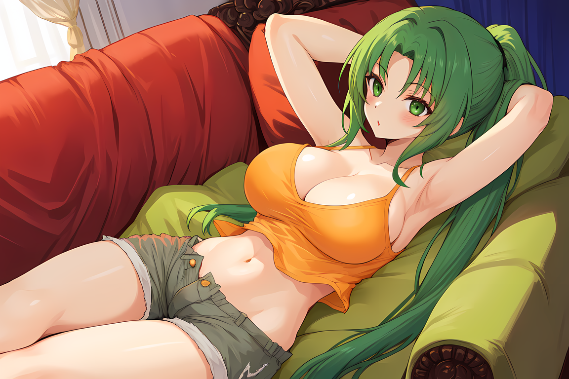 mion sonozaki, higurashi no naku koro ni, pose, 1girls, armpits, arms behind head, big breasts, busty, cleavage, female, female only, green eyes, green hair, large breasts, long hair, lying, midriff, navel, ponytail, posing, sensual, sexy armpits, shorts, sleeveless shirt, solo, voluptuous, 