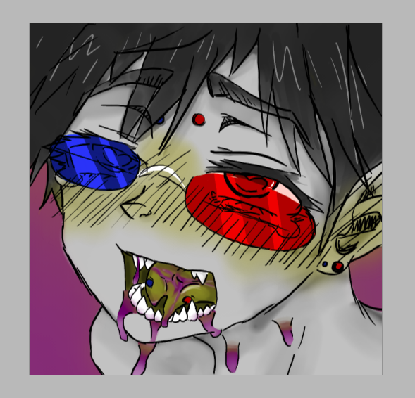 sollux captor, suki, ahe gao, black hair, cum, cum on face, grey skin, heterochromia, piercings, pointy ears, purple cum, 
