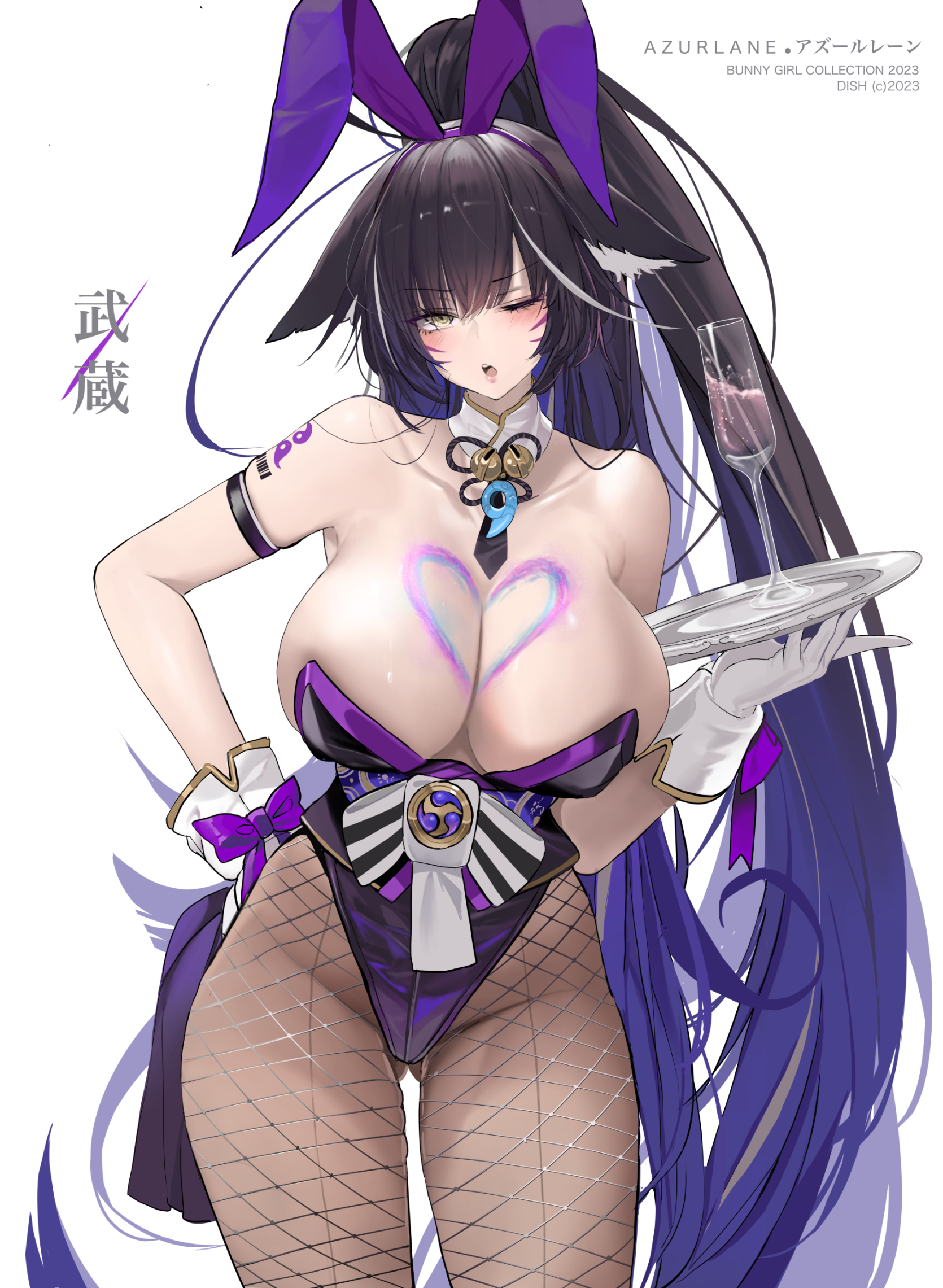 dishwasher1910, azur lane, 1girls, blush, body markings, breasts, bunny ears, bunny girl, bunnysuit, facial markings, female, fox ears, fox girl, hand on hip, highleg leotard, kitsune, large breasts, leotard, light-skinned female, light skin, long hair, musashi (azur lane), purple hair, two tone hair, voluptuous, yellow eyes, 