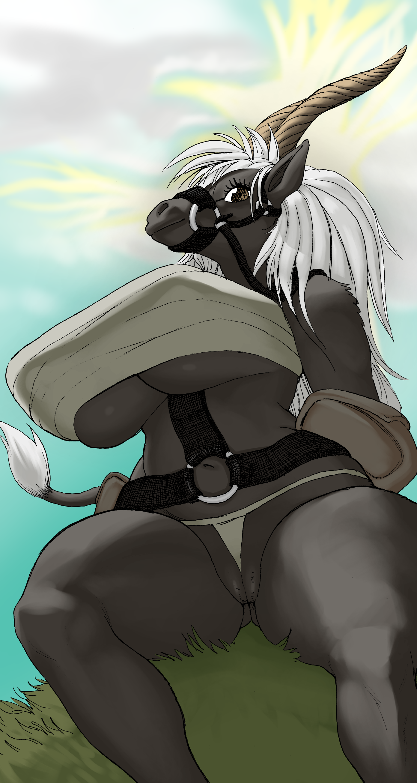 fromsoftware, absurd res, digital media (artwork), hi res, traditional media (artwork), anthro, big breasts, biped, breasts, clothing, cloud, curvy figure, elden ring, equid, equine, female, genitals, grass, hair, horn, horse, huge breasts, innie pussy, leather straps, looking at viewer, mammal, outside, pen (artwork), plant, pussy, pussy floss, realius, sitting, slightly chubby, solo, straps, thick thighs, torrent (elden ring), voluptuous, wardrobe malfunction, white hair, 