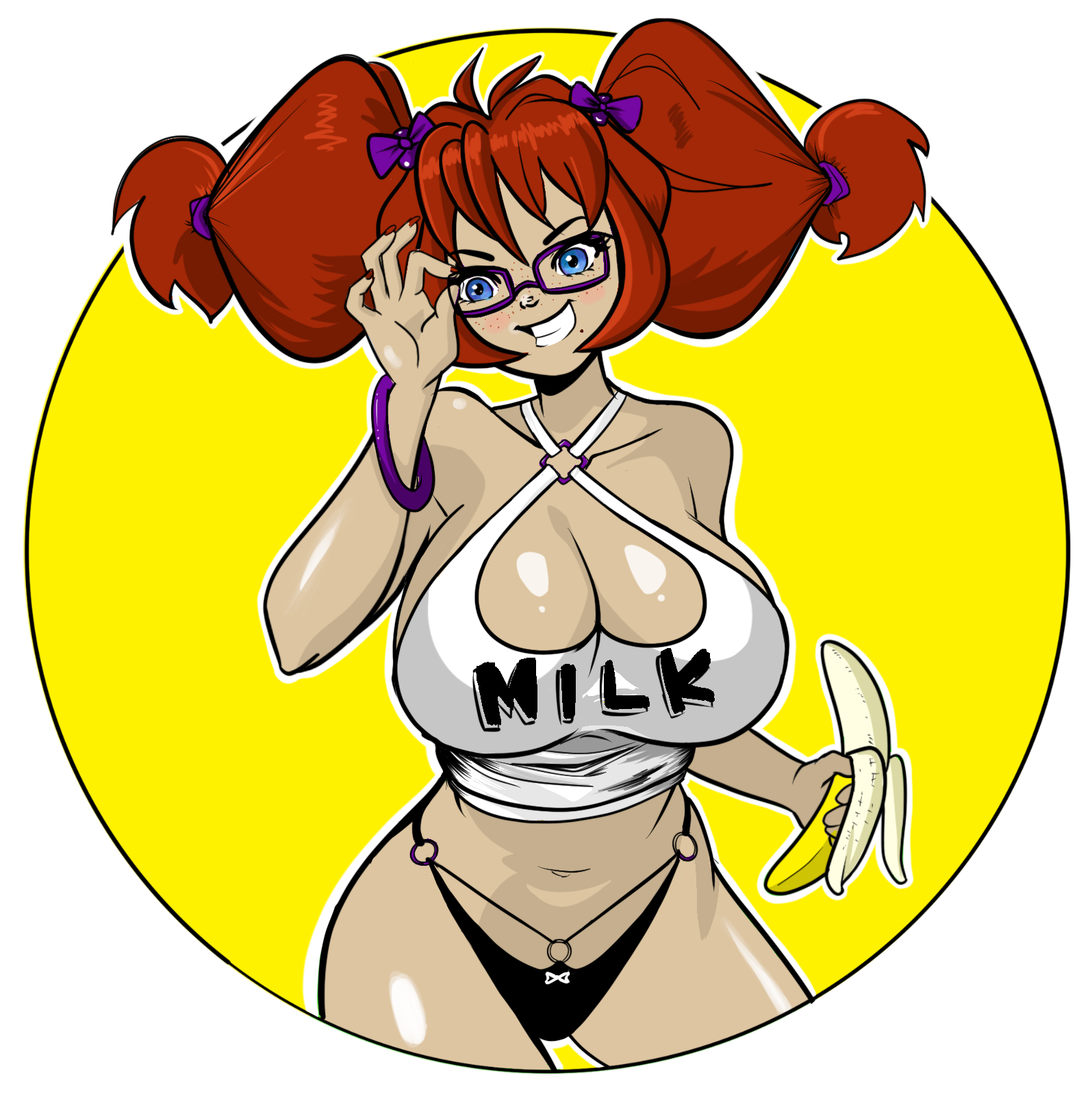 banana, big breasts, breasts, female, female only, glasses, lingerie, red hair, smile, string, topwear, 